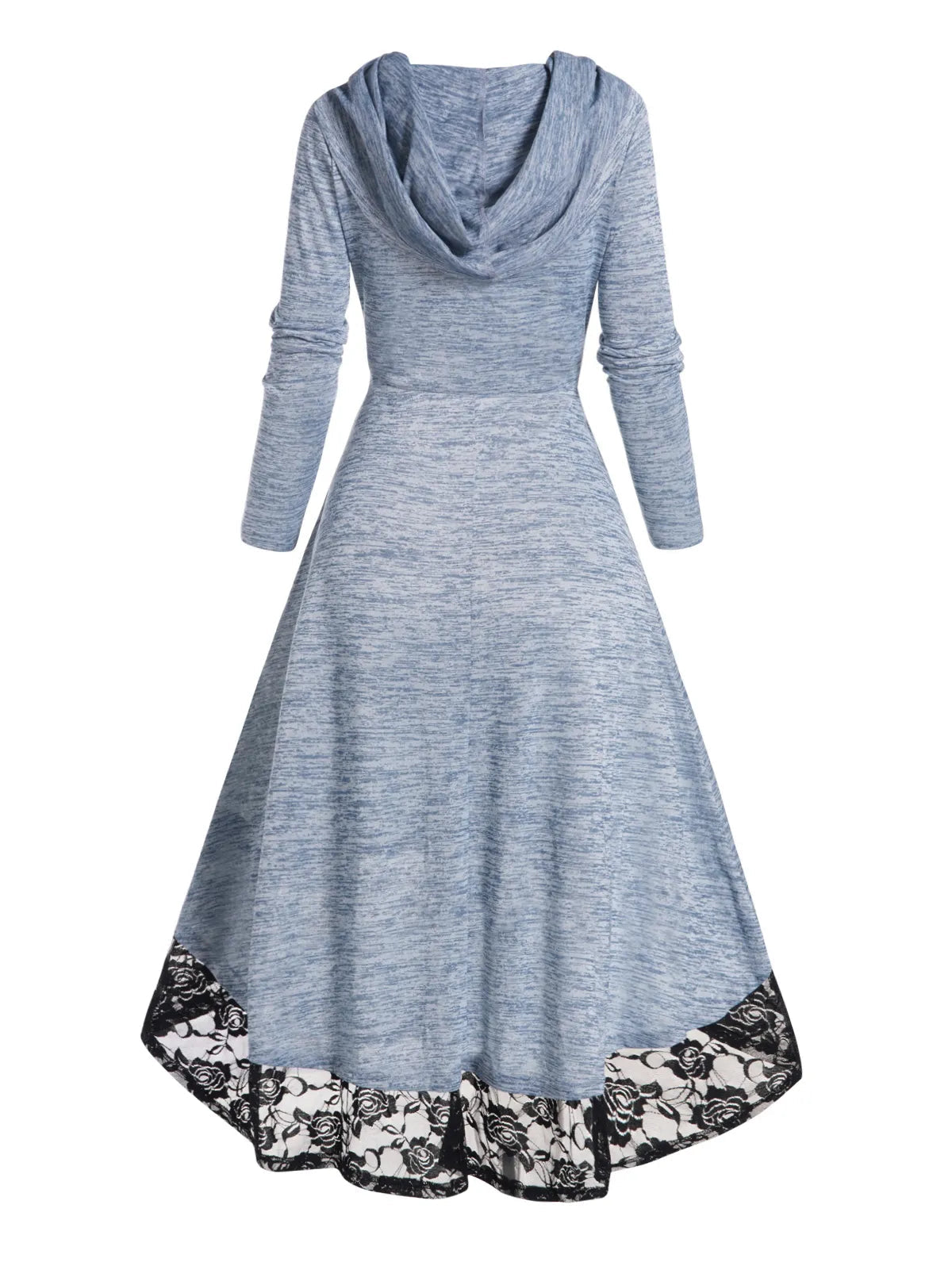 2024 Women's Autumn Space Dye Hooded Dress with Floral Lace Panel - High Waisted Long Sleeve High-Low Midi Dress for Fall Fashion | Perfect for Date Nights, Office Wear & Special Occasions