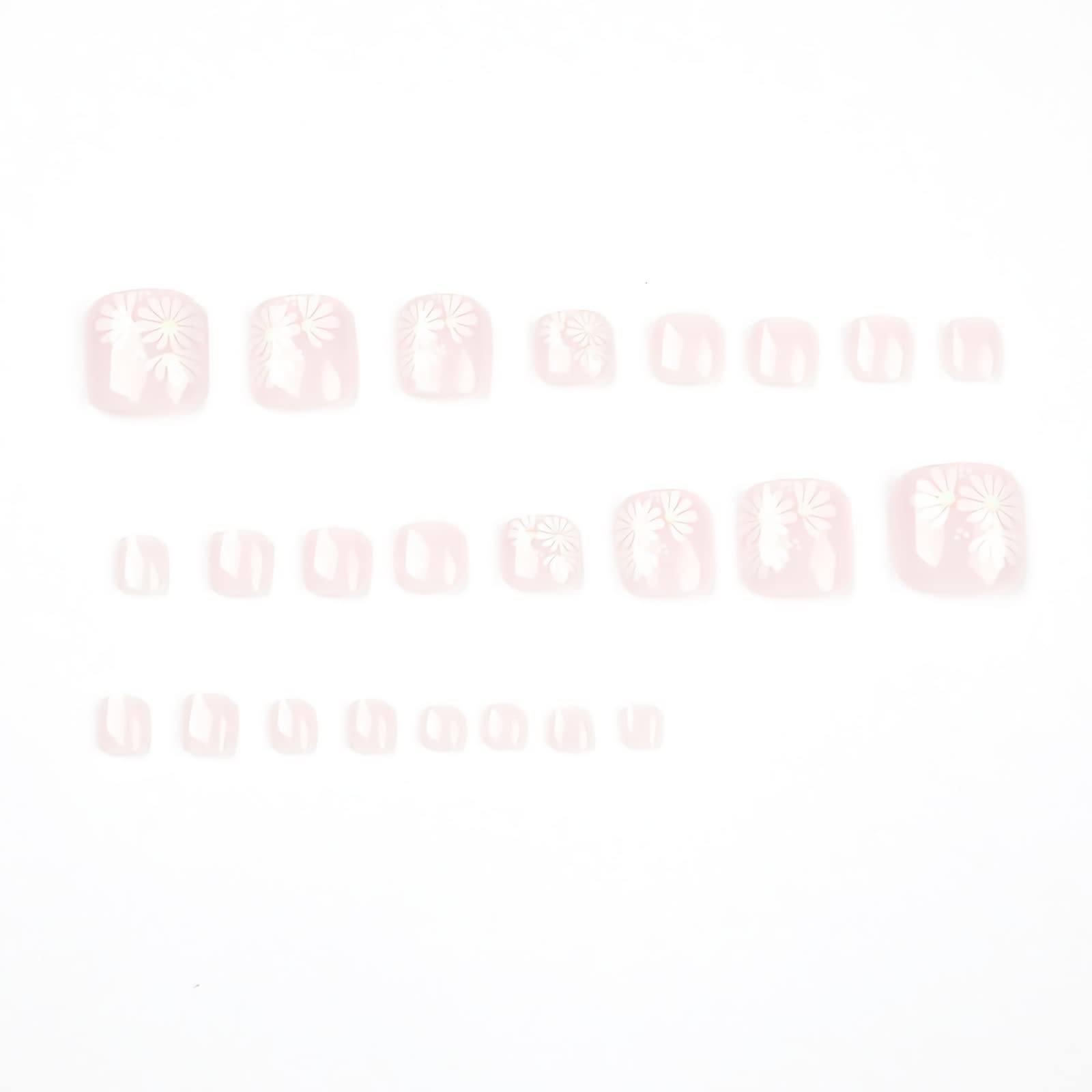 BABALAL Square Press on Toenails - 24pcs Short French Tip Fake Toenails with Nail Glue & Flower Designs - Acrylic False Toenails for Women & Girls - Perfect for Pedicures, Parties, and Special Occasions