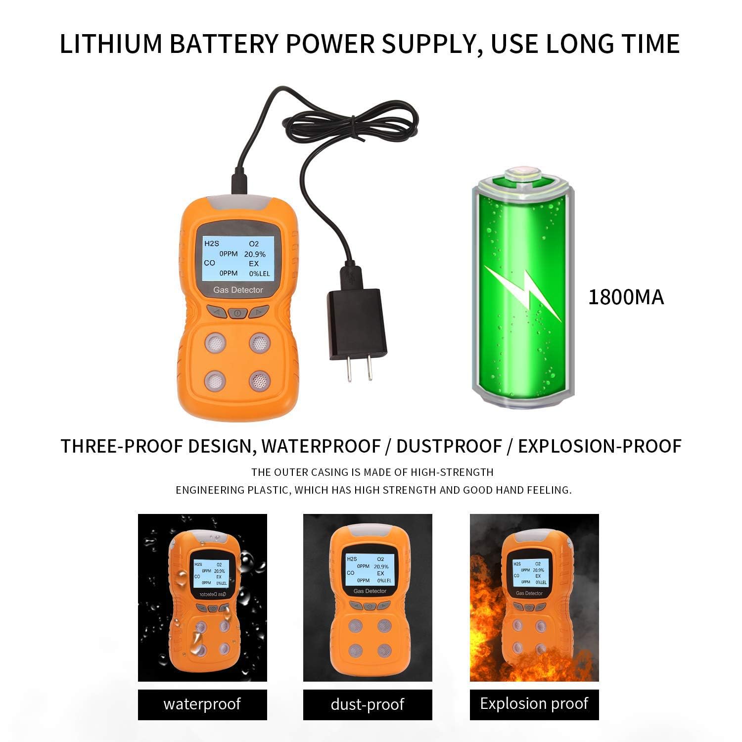 4-in-1 Portable Gas Detector - Rechargeable Multi-Gas Monitor with Sound, Light & Vibration Alarms for CO, O2, H2S, LEL Detection - Perfect for Industrial Safety, Home Use & Confined Space Work