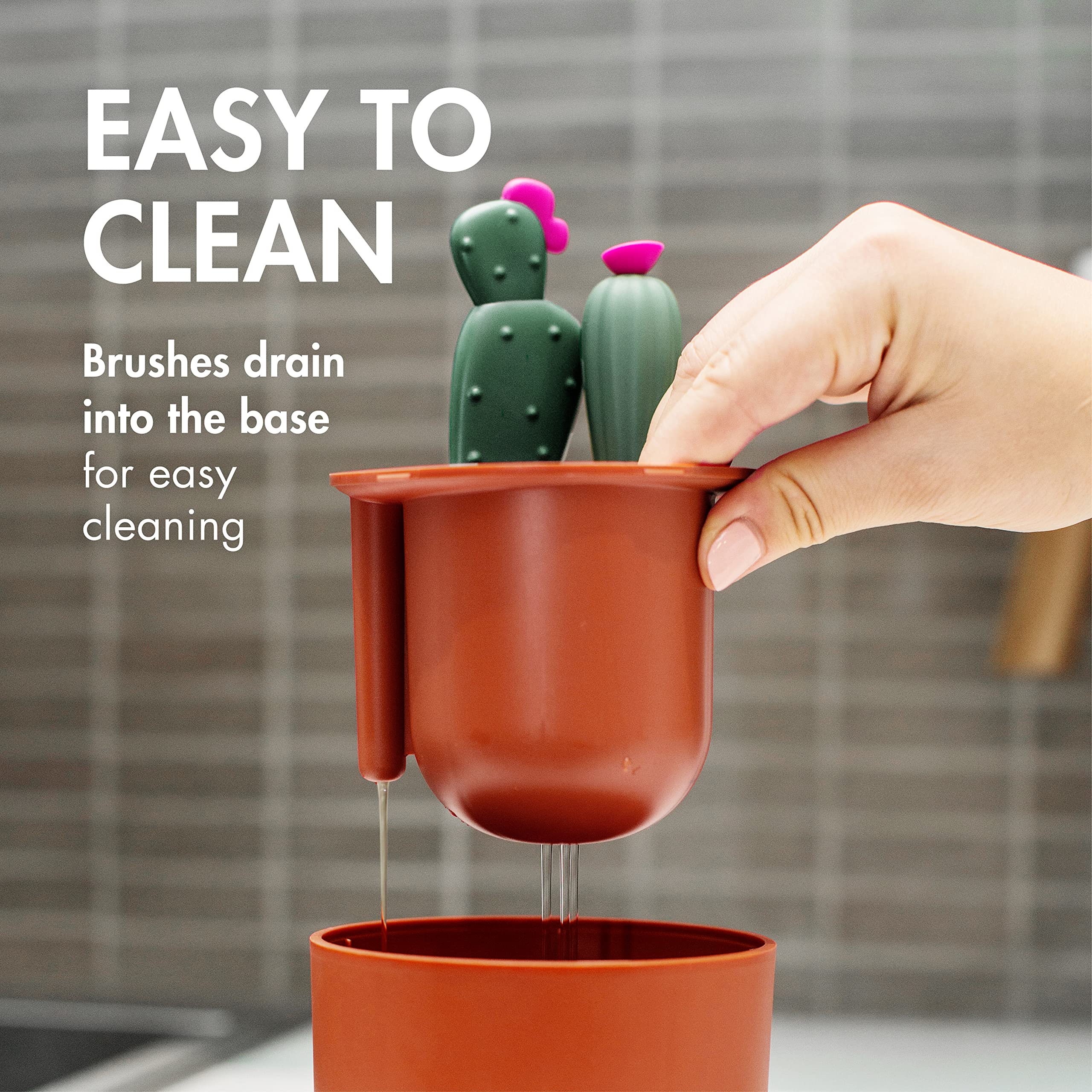 Boon Cacti Bottle Cleaning Brush Set - 4-Piece Dishwasher Safe Baby Bottle Brushes with Stand, Terracotta Color | Perfect for Cleaning Baby Bottles, Sippy Cups, and Narrow Containers