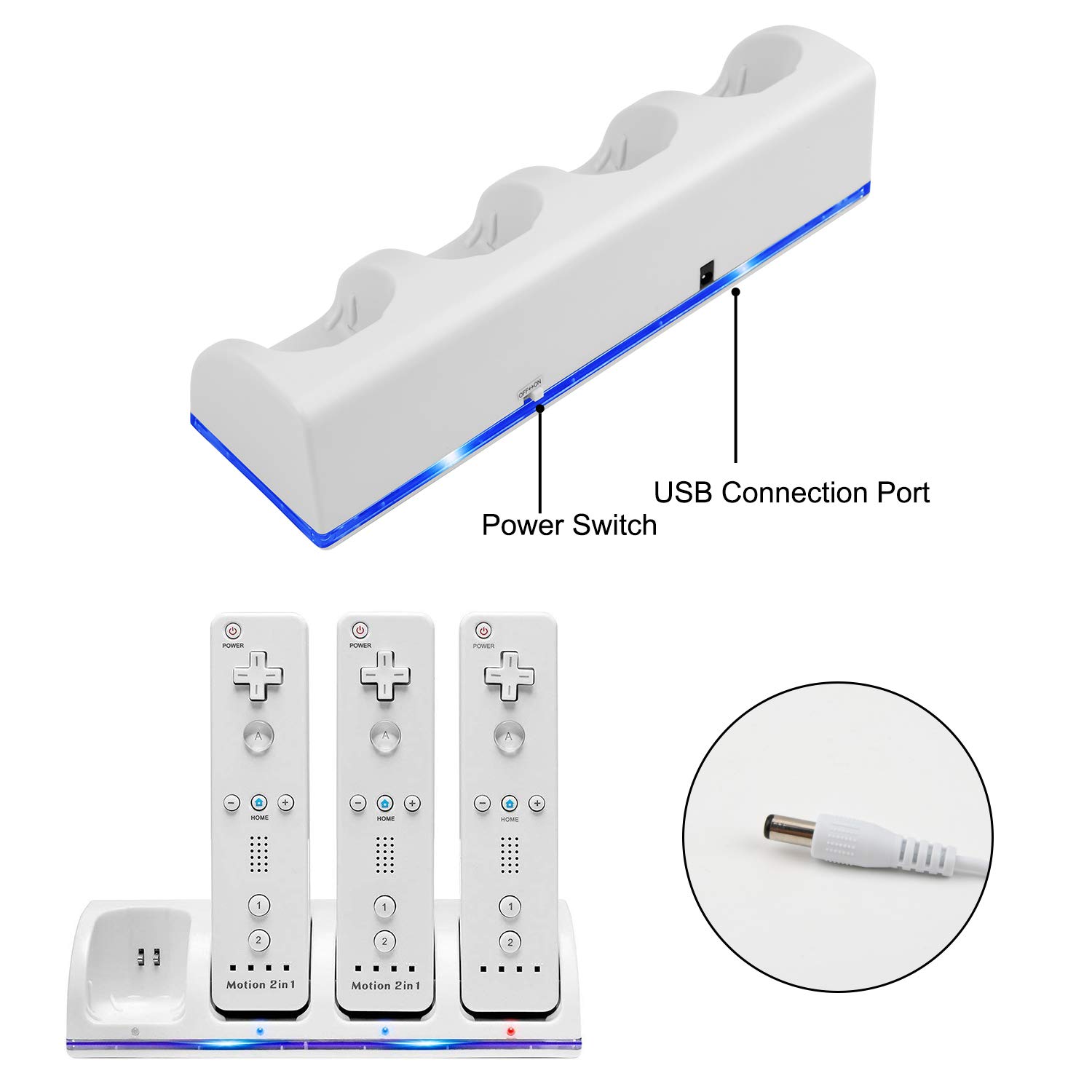 Upgraded Wii Remote Controller 4-Port Charging Station with 4 Rechargeable Batteries, USB Cable & Wall Adapter - Fast Charging Dock for Nintendo Wii/Wii U Gaming Accessories - Perfect for Family Game Nights & Multiplayer Sessions