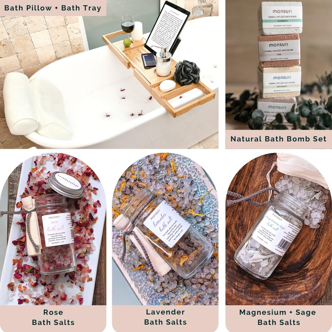 Luxury Spa Gift Set for Women - Bamboo Bathtub Tray, Bath Pillow, Bath Bombs & Salts - Perfect Relaxation Gifts for Mom, Wife, Her - Ideal for Self Care, Birthday, Anniversary & Spa Day at Home