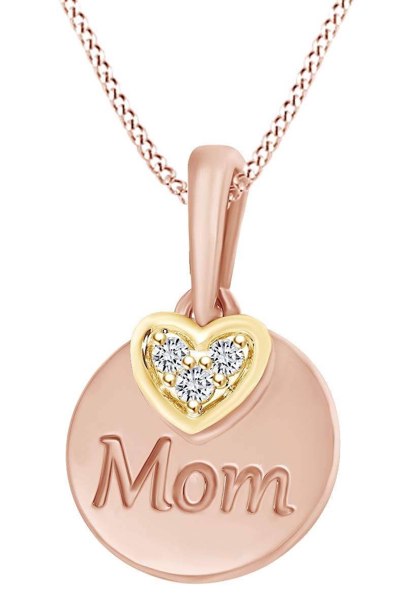 Round White Natural Diamond Accent Mom Disc Heart Love Pendant Necklace - Elegant Jewelry Gift for Women, Mothers, Wives - Perfect for Anniversaries, Valentine's Day & Special Occasions