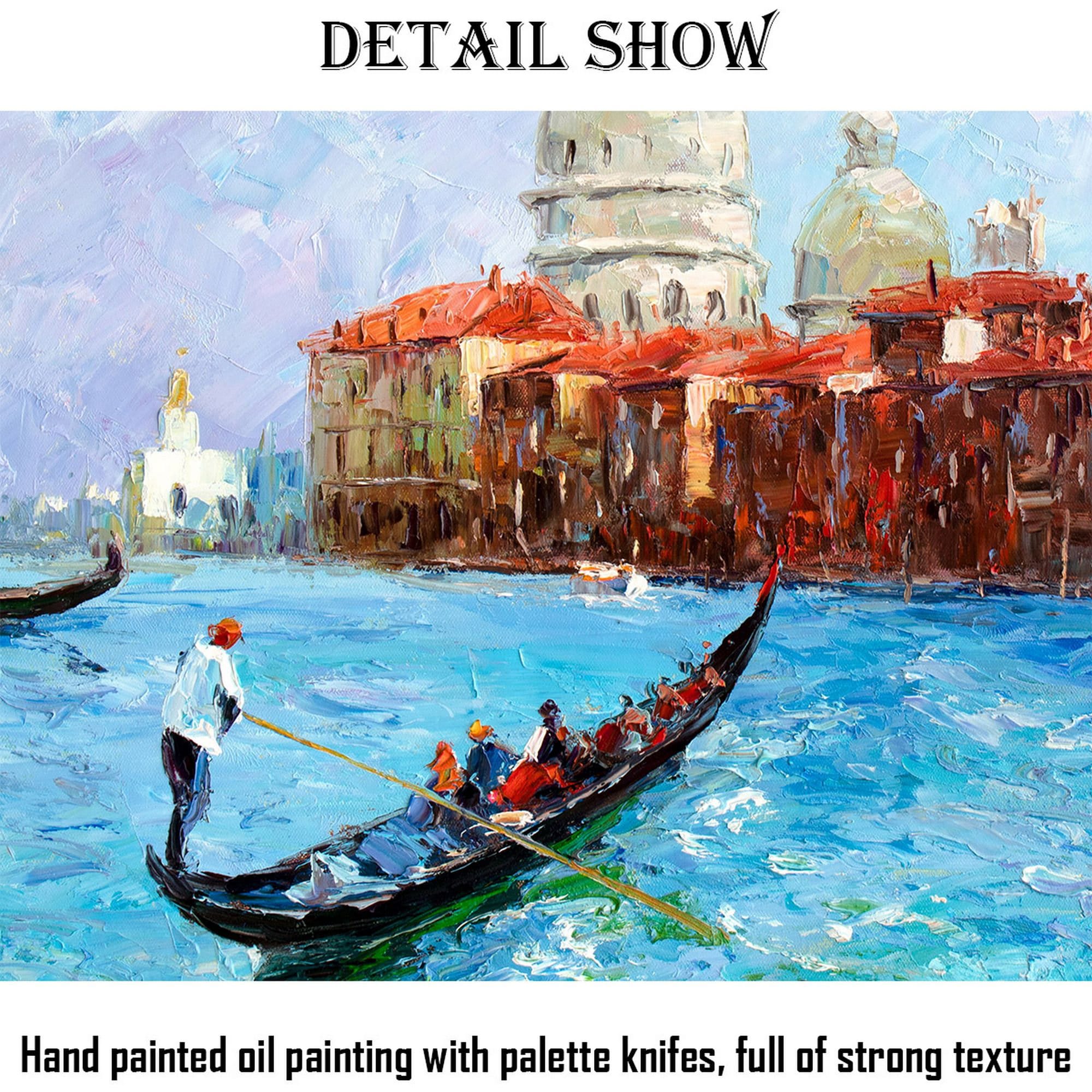 Large Venice Grand Canal Gondola Oil Painting on Canvas - Original Seascape Artwork - Handmade Abstract Palette Knife Painting in Blue Tones - Perfect for Living Room, Bedroom or Office Wall Decor
