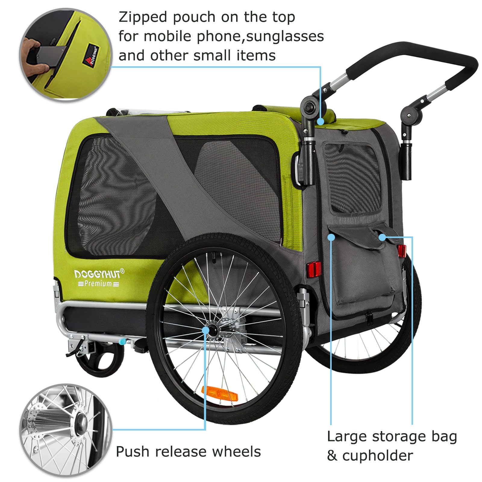 DOGGYHUT® Premium Large/XL Pet Bike Trailer & Stroller for Big Dogs - Heavy Duty Bicycle Carrier with Low Center Gravity, Parking Brakes & Foldable Frame - Perfect for Cycling, Jogging & Outdoor Adventures with Your Dog