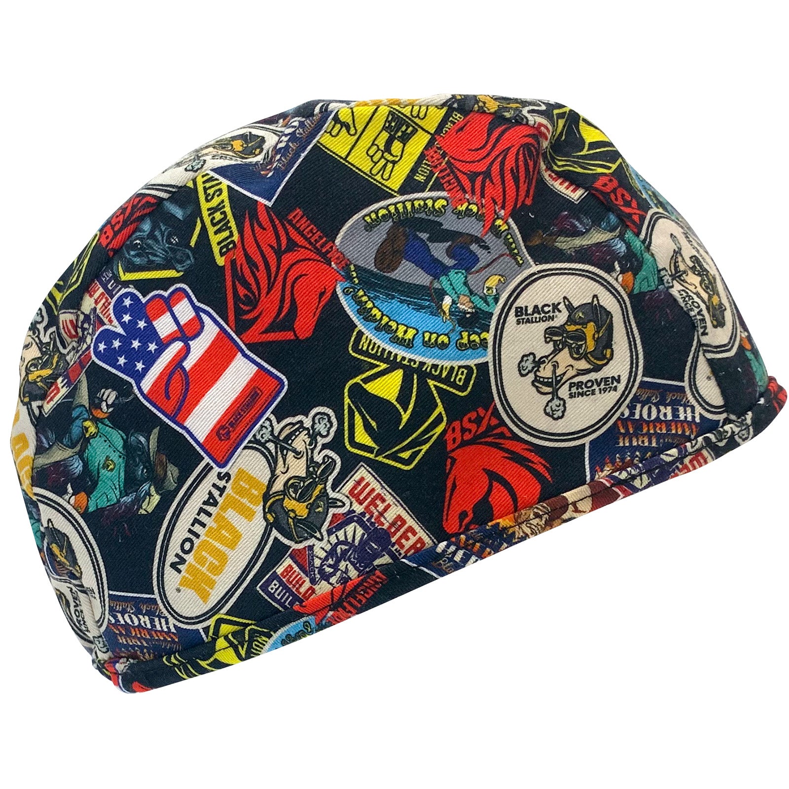 Black Stallion Sticker Collage Cotton Welding Cap & Beanie - Durable Work Hat for Welders, Construction & Outdoor Activities - Perfect for Workshops, DIY Projects & Safety Protection