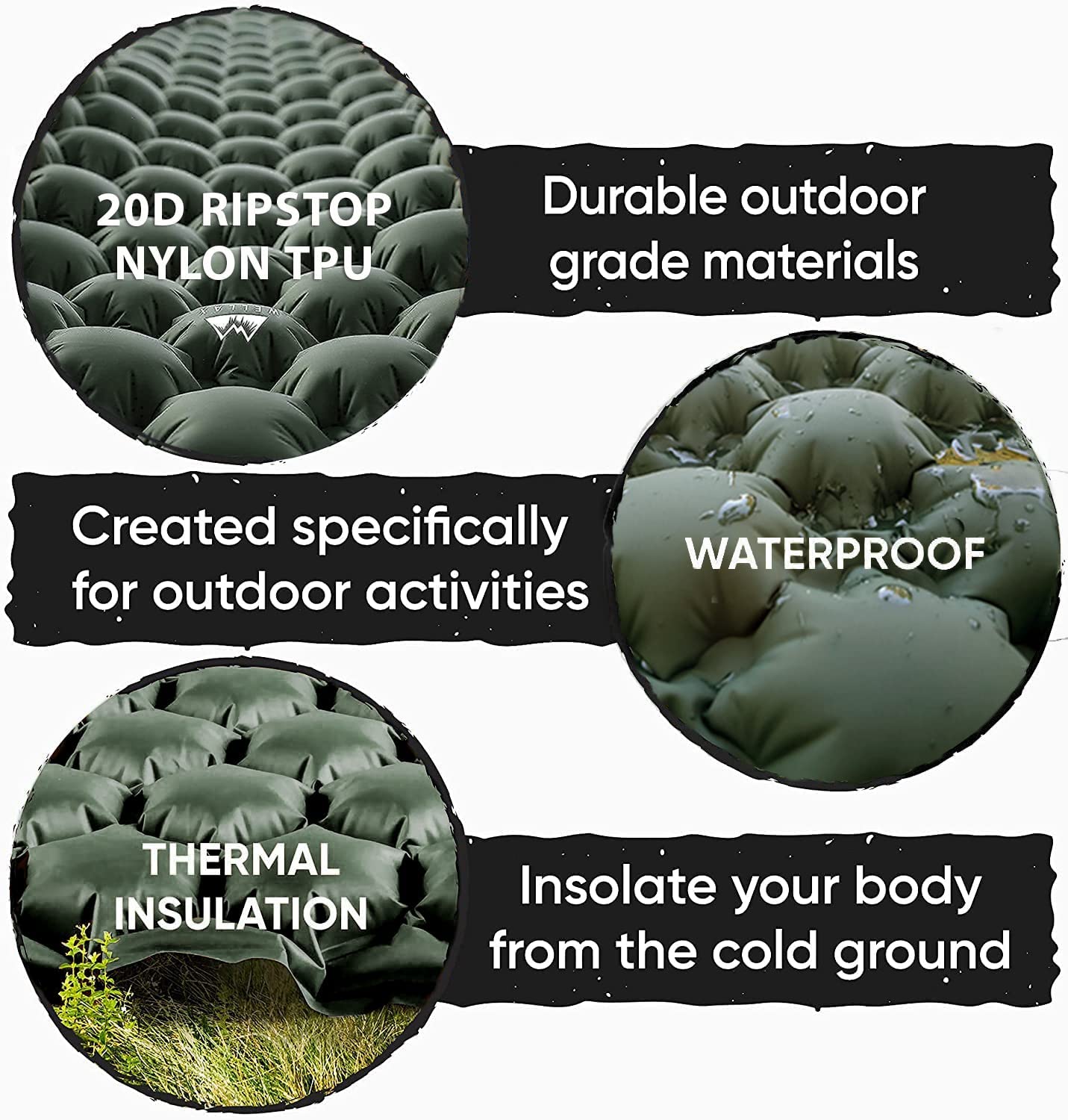 WELLAX Ultralight Air Sleeping Pad - Inflatable Camping Mat for Backpacking, Hiking & Travel - Compact Air Mattress with Repair Kit & Carry Bag - Perfect for Outdoor Adventures, Beach Trips & Guest Bedding