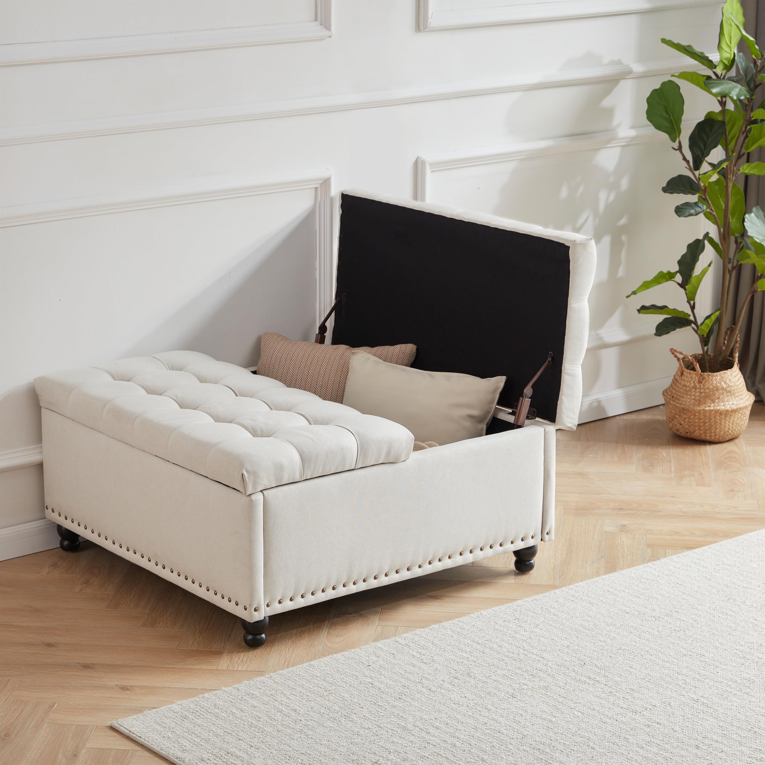 Tbfit Large Square Storage Ottoman Bench with Lift Top - Tufted Upholstered Coffee Table with Solid Wood Legs, Oversized Toy Storage Box for Living Room, Bedroom & Nursery (Beige) - Perfect for Home Organization, Extra Seating and Hidden Storage