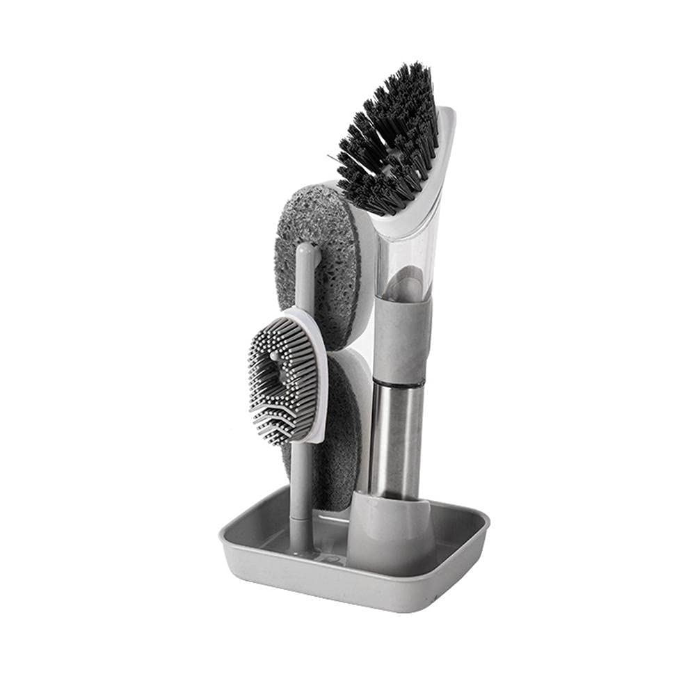 Brteyes 4-in-1 Kitchen Cleaning Brush with Soap Dispenser & 4 Replacement Heads - Dish Scrub Brush for Pots, Pans, Sinks - Durable Base for Countertop Storage - Perfect for Daily Dishwashing & Tough Stain Removal