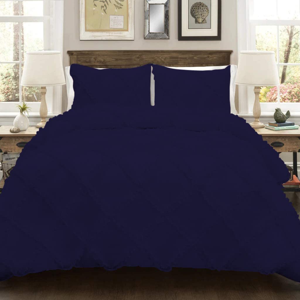 800 Thread Count Egyptian Cotton Duvet Cover Set - Cross Diamond Ruffle Design with Zipper & Corner Ties | Oversized King Size in Navy Blue | Luxury Bedding for Master Bedroom & Guest Room Decor