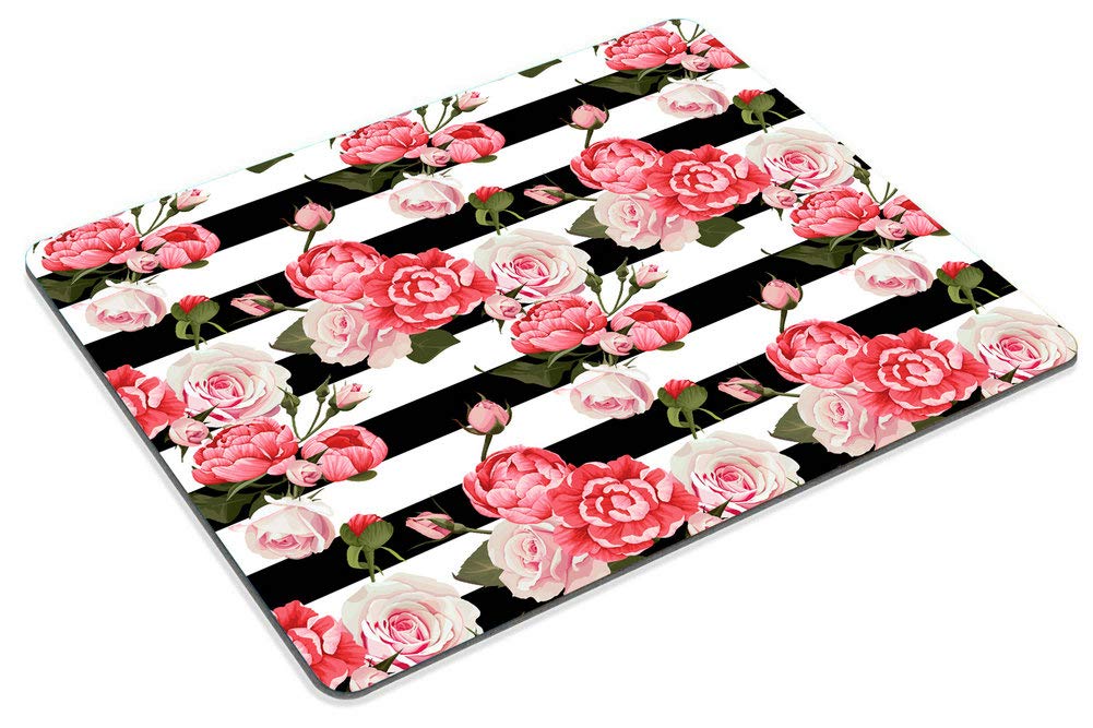 Premium Non-Slip Peony & Rose Floral Mouse Pad - Black & White Striped Gaming Mousepad for PC & Laptop - Perfect for Office, Gaming & Home Workspace Decor