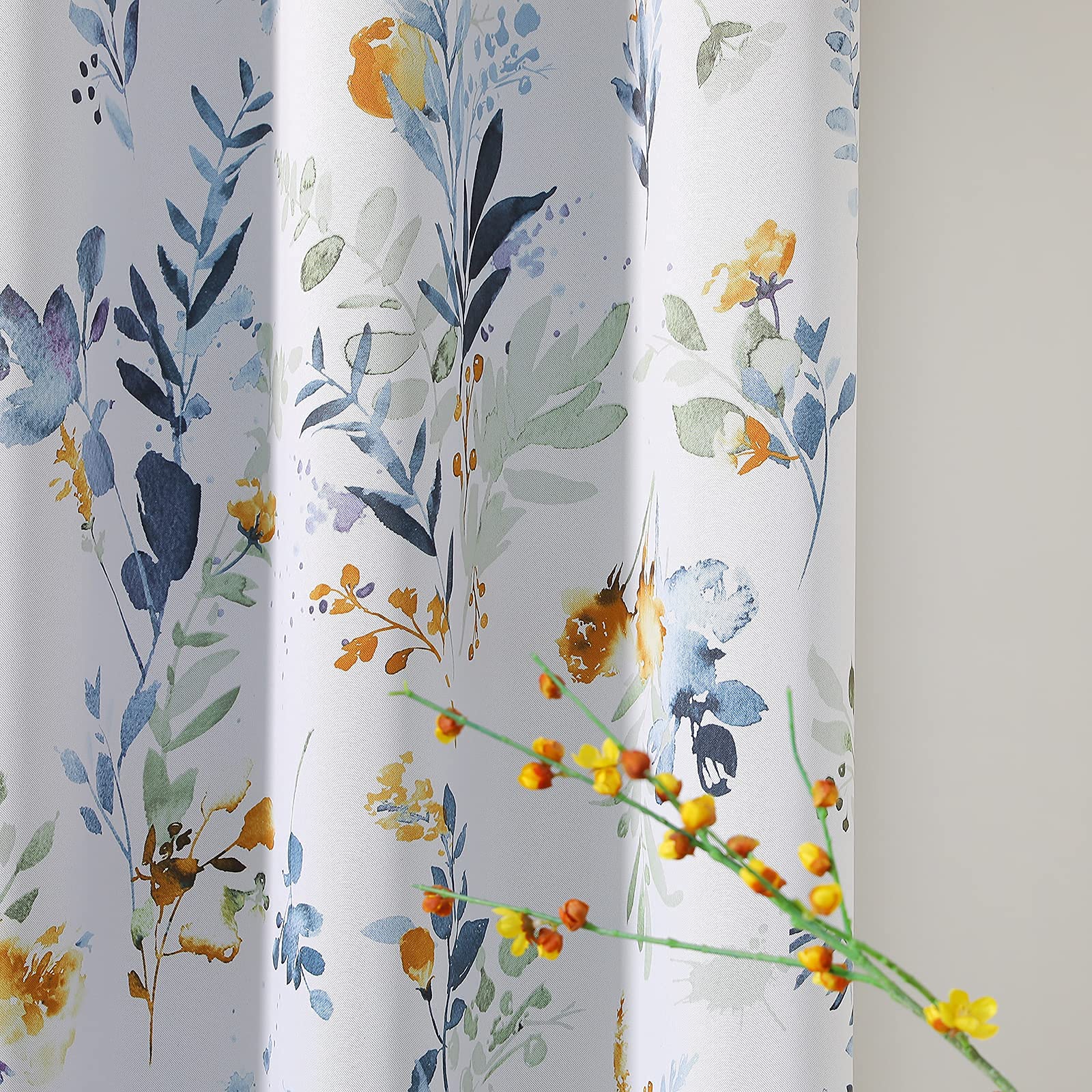 MYSKY HOME Floral Curtains 84 Inches Long - Room Darkening Thermal Insulated Light Blocking Drapes with Grommet Top for Living Room, Bedroom & Bathroom - 2 Panels Set in Yellow and Blue - Perfect for Privacy, Energy Saving & Home Decor