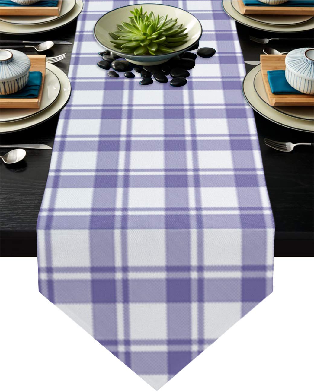 COLORSUM Geometric Burlap Dining Table Runner - Classic Buffalo Check Plaid in Purple & White - Extra Long 16x72 Inch Table Decor for Coffee Gatherings, Holidays & Parties - Perfect for Farmhouse Dining Tables, Wedding Receptions & Seasonal Home Decor