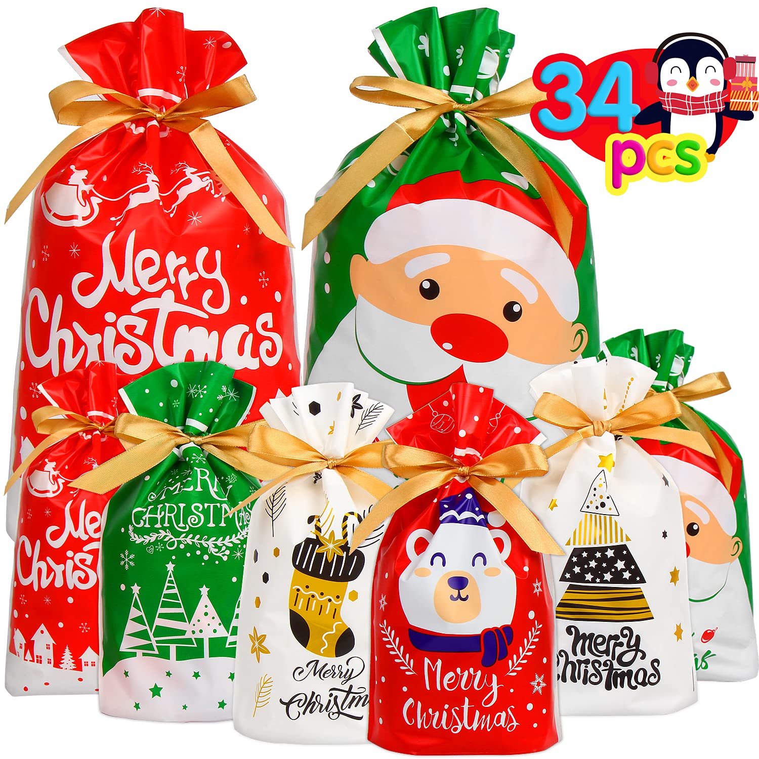 DERAYEE Christmas Gift Bags 34 Pack - Assorted Size Drawstring Holiday Treat Bags for Candy, Party Favors & Small Gifts | Perfect for Xmas Parties, Stocking Stuffers & Gift Exchanges
