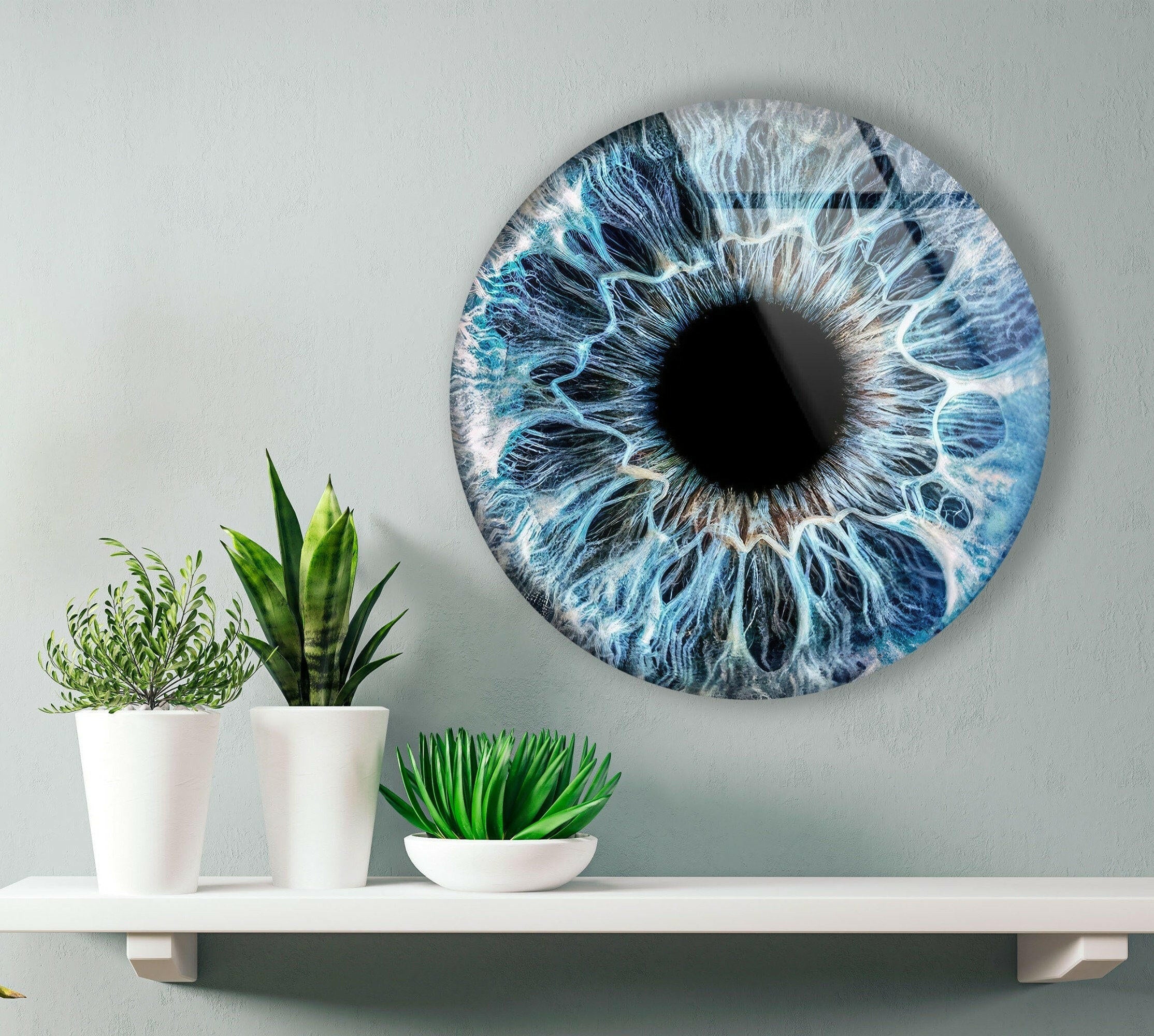 Blue Eye Round Glass Wall Art Decor - Handmade Bohemian Style Hanging Decoration for Living Room, Bedroom & Office