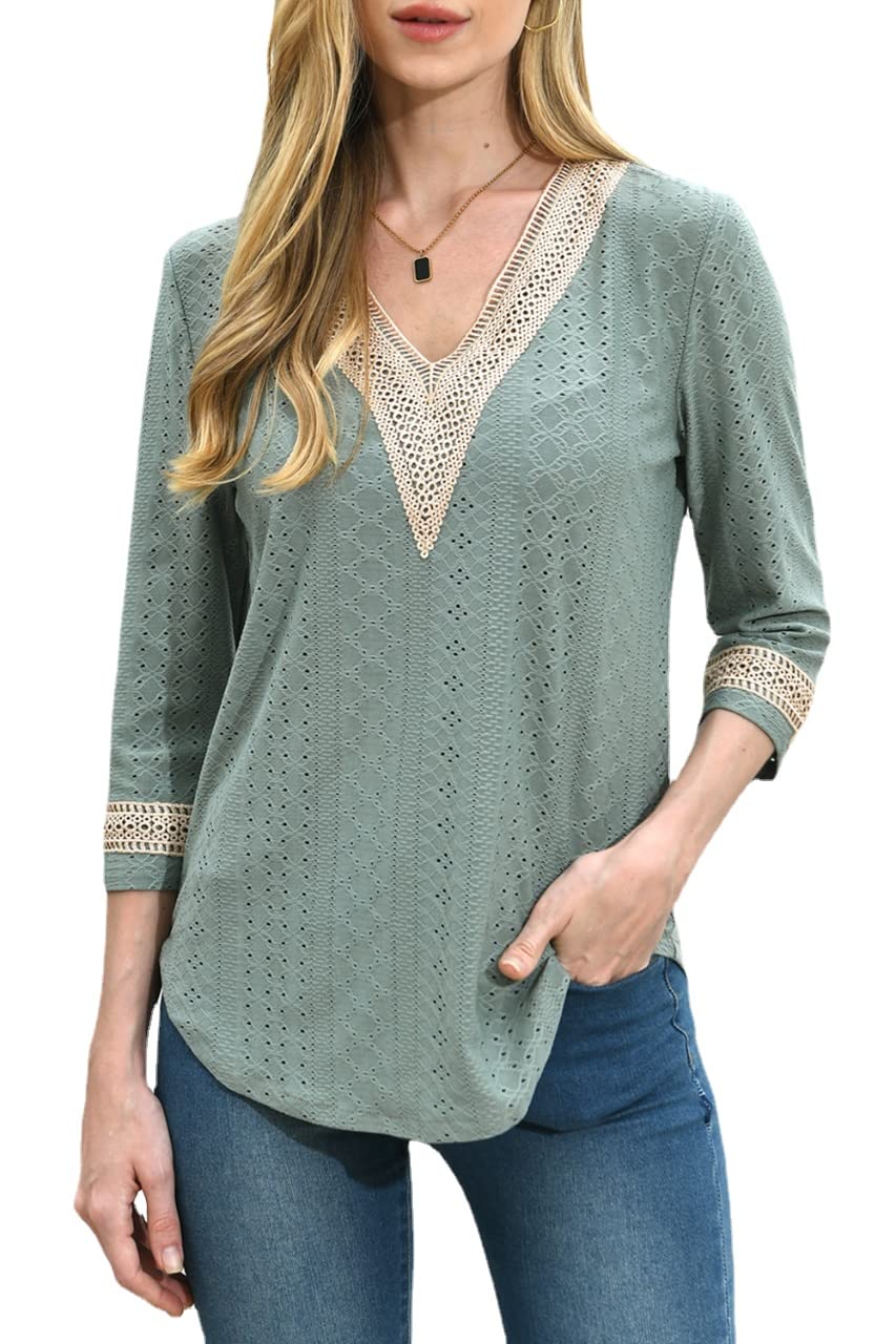 Women's V-Neck Lace 3/4 Sleeve Blouse - Elegant Eyelet Top for Casual & Dressy Occasions | Perfect for Office, Date Night & Summer Outfits