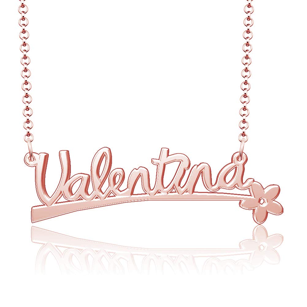 925 Sterling Silver Personalized Valentina Name Necklace - Custom Name Plate with Flower Pendant for Women, Gift for Her, Birthday, Anniversary, Valentine's Day