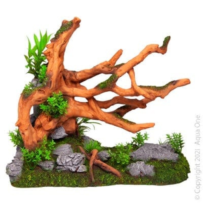 Aqua One Ecoscape Driftwood Light on Rock Garden - Large 32.5 x 18.5 x 27.5cm Aquarium Decor for Fish Tank, Terrarium & Reptile Habitat - Natural Wood & Stone Design for Aquatic Plants & Shrimp Tanks