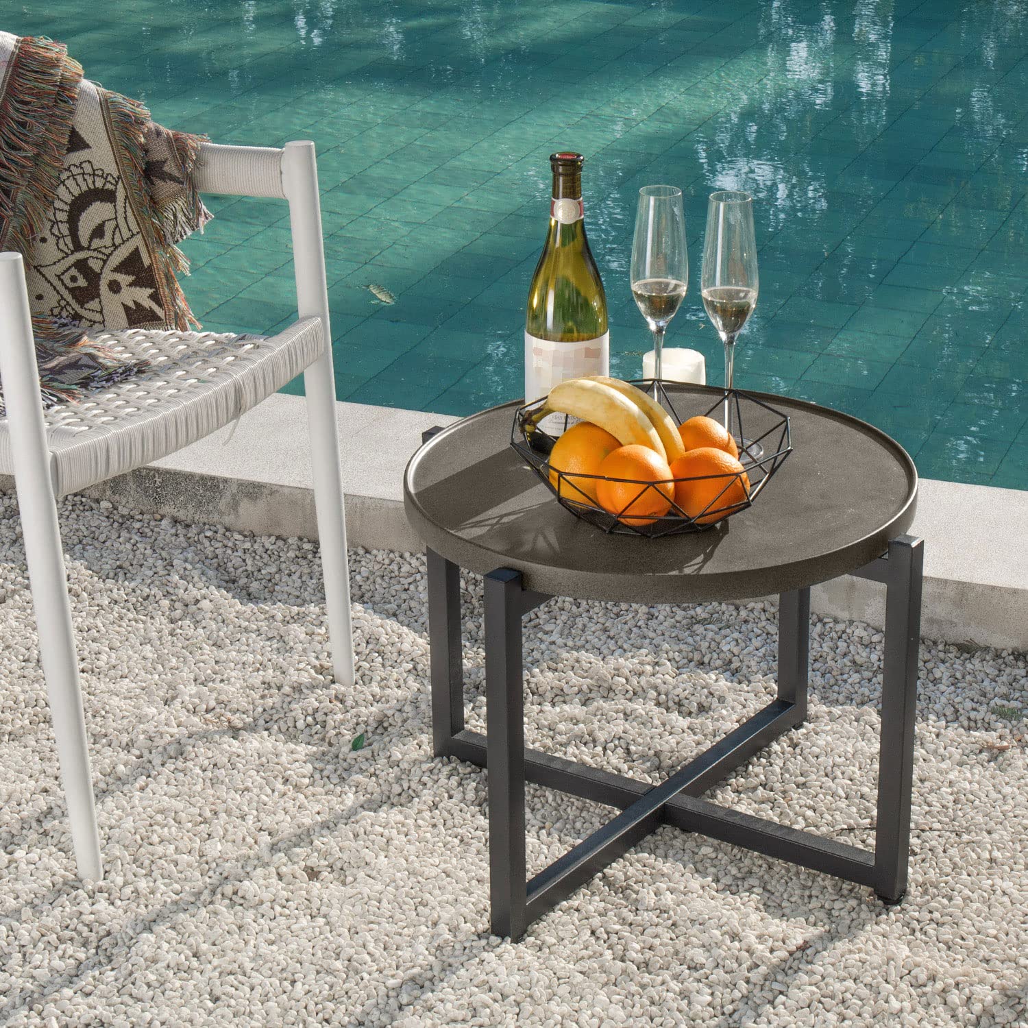 Dark Grey Outdoor Side Table - 15.3''H x 21.6''W Round Patio Coffee Table with Concrete Finish & Metal Frame - Perfect for Poolside, Garden, or Balcony Relaxation