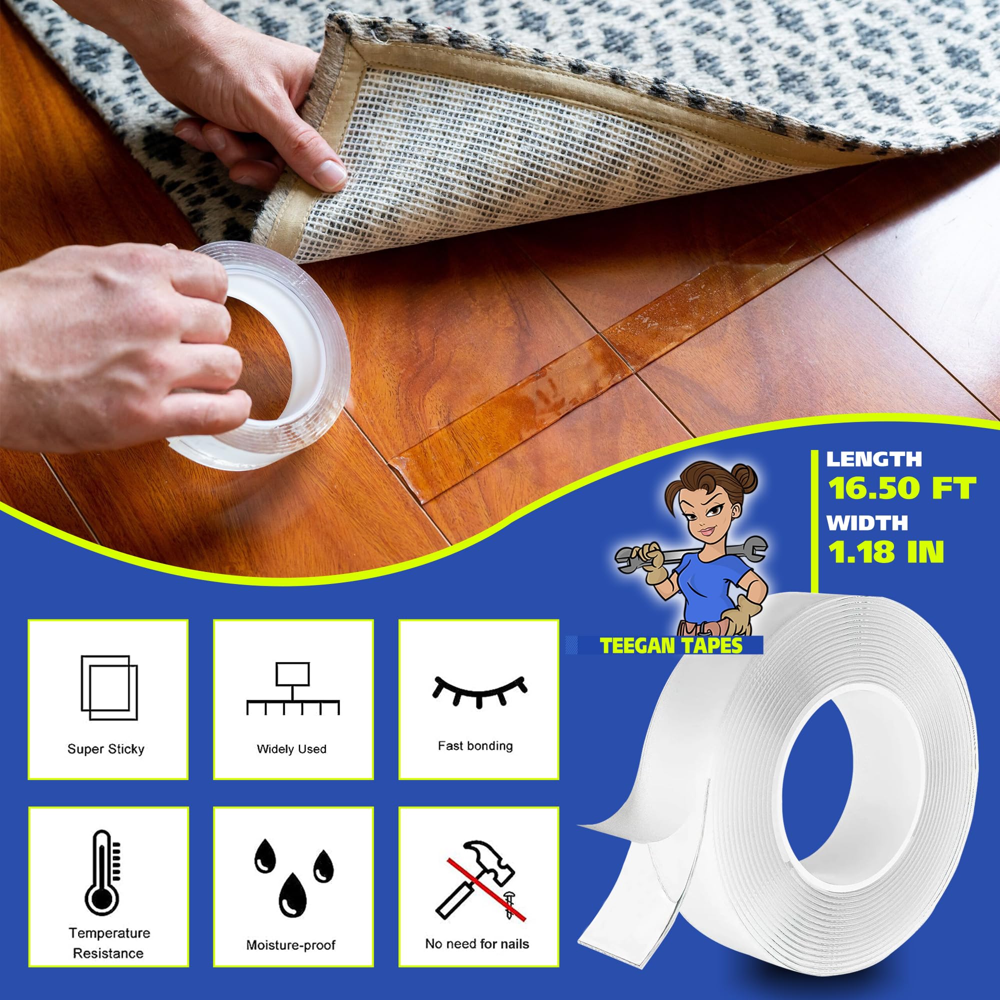 Space Tape - Heavy Duty Double Sided Adhesive Tape | 16 Ft Clear Nano Strong Bond for Crafts, Walls, Carpets | Removable & Reusable | Perfect for Home DIY, Office Organization & Car Interior Decoration