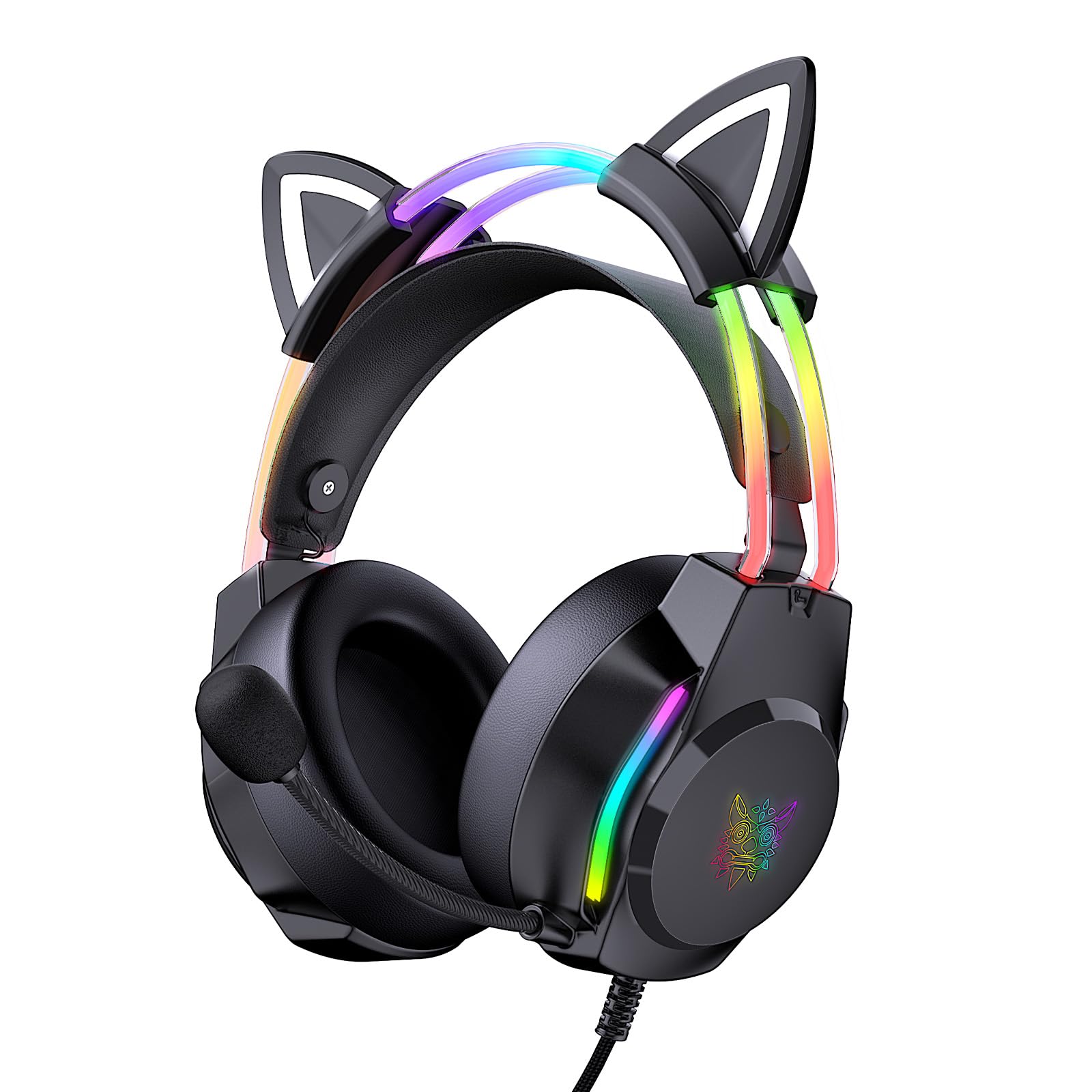 Cat Ear Gaming Headset with Microphone - RGB Rainbow LED Lights & Virtual 7.1 Surround Sound - Wired Over-Ear Headphones for PC, Laptop, PS4, PS5, Xbox, Nintendo Switch - Perfect for Streaming, Esports & Late-Night Gaming Sessions