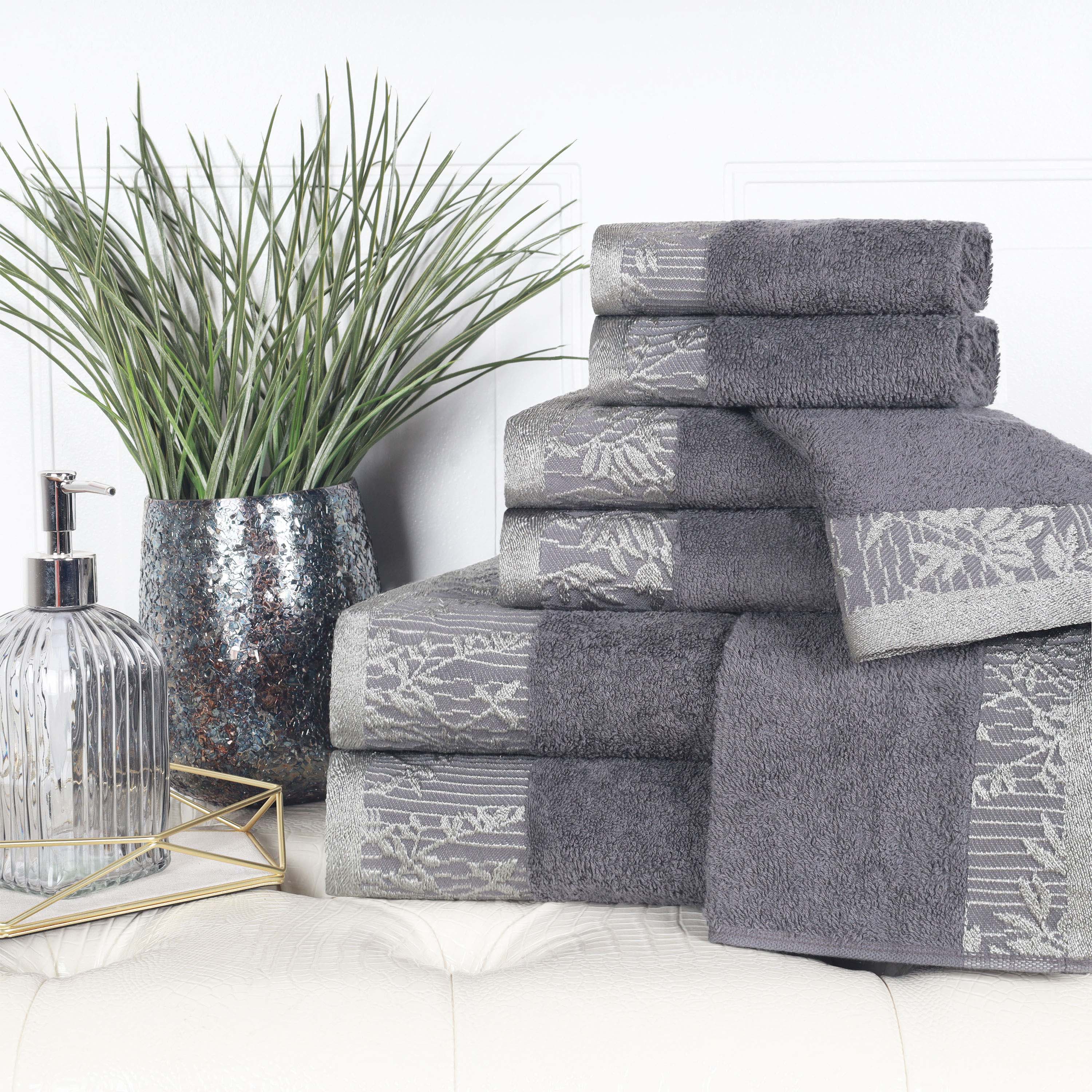 Premium Wisteria Cotton Floral Embroidered Jacquard Border 8-Piece Bath Towel Set - Soft & Absorbent for Spa, Bathroom & Guest Use