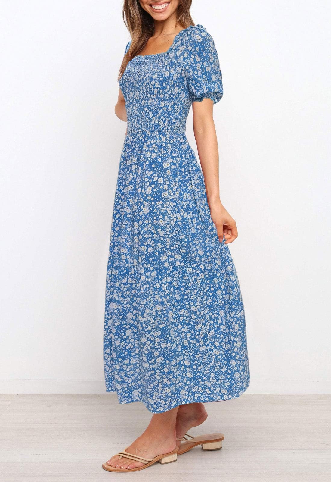 ZESICA Women's Summer 2025 Boho Floral Print Square Neck Ruffle Swing Beach Maxi Dress - Perfect for Vacations, Weddings & Boho Chic Outfits
