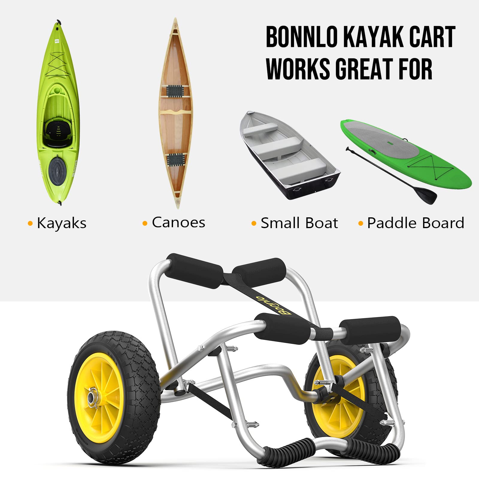 **Bonnlo Foldable Kayak Cart with No-Flat Airless Tires - Heavy Duty Canoe Dolly, Paddle Board & Fishing Kayak Carrier - Includes 2 Ratchet Straps for Secure Transport - Ideal for Beach, Lake & Boat Trailer Use**