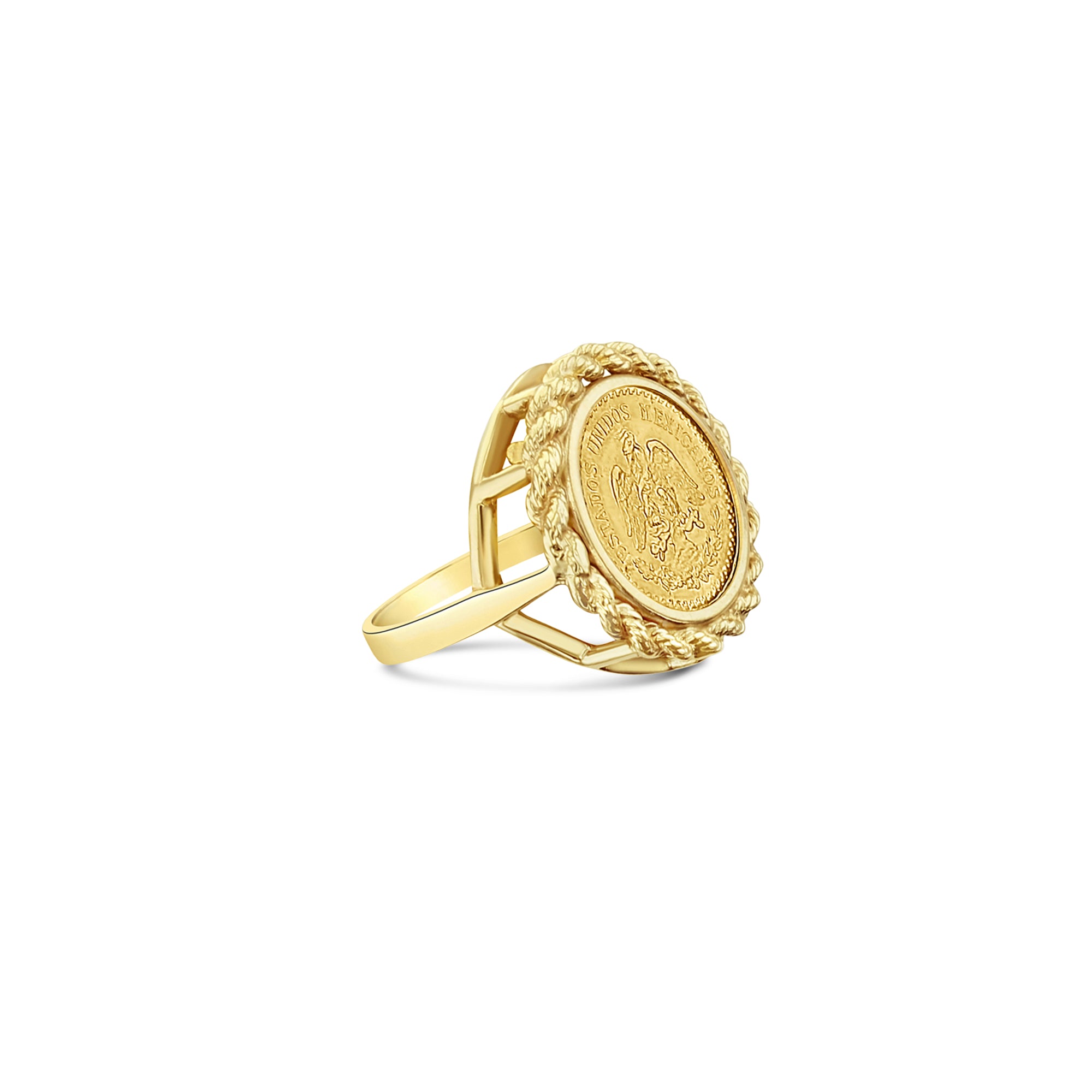 Vintage 1945 Mexican Dos Pesos Gold Coin Ring with Rope Bezel - Authentic Collectible Jewelry for Men & Women, Perfect for Gifts, Weddings, and Special Occasions