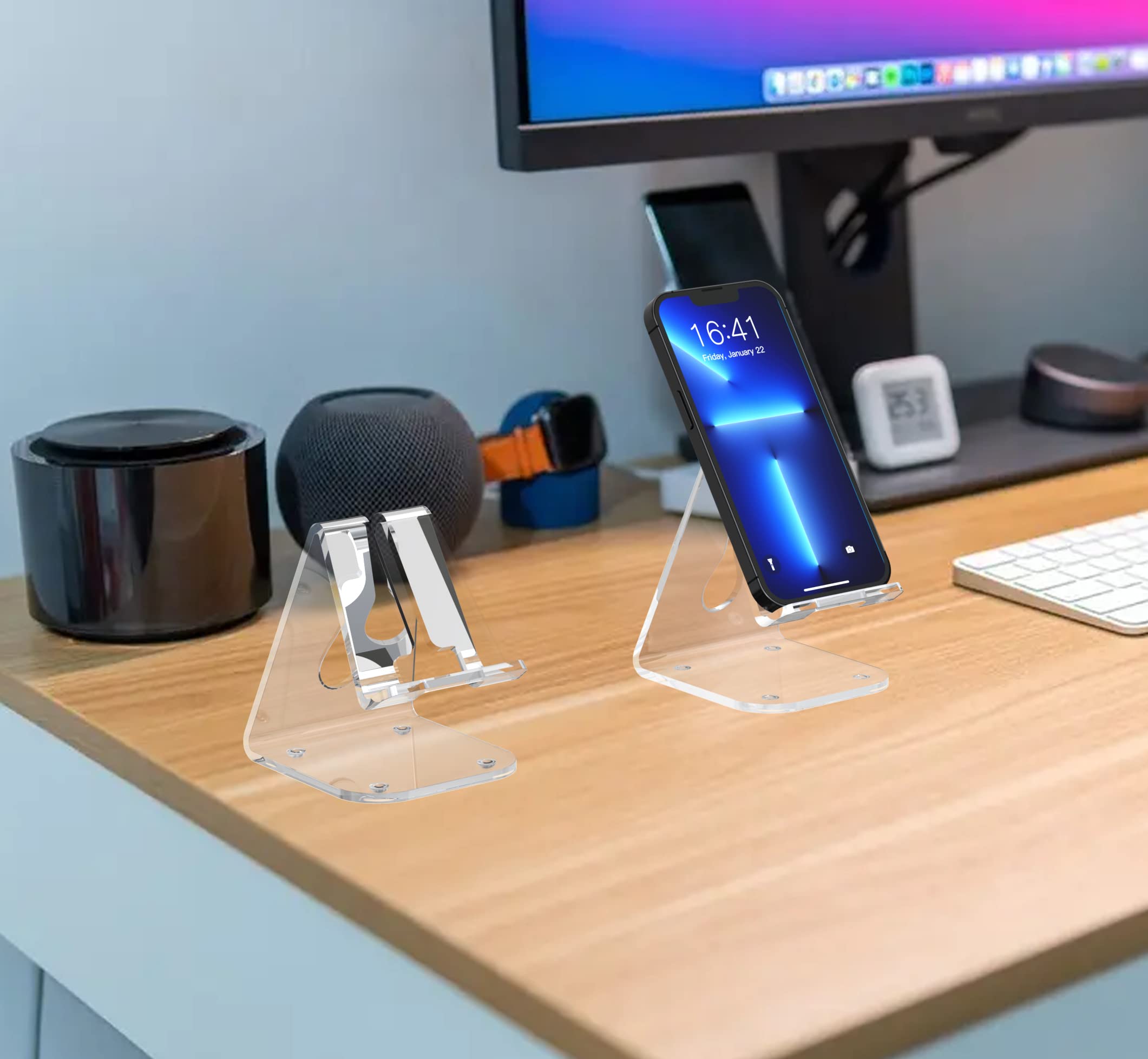 2 Pack Clear Acrylic Phone Stand for Desk - Universal Phone Holder Compatible with iPhone 13 Pro Max & Android Smartphones 4-10 Inches - Perfect Office & Home Desktop Accessory for Watching Videos & Video Calls