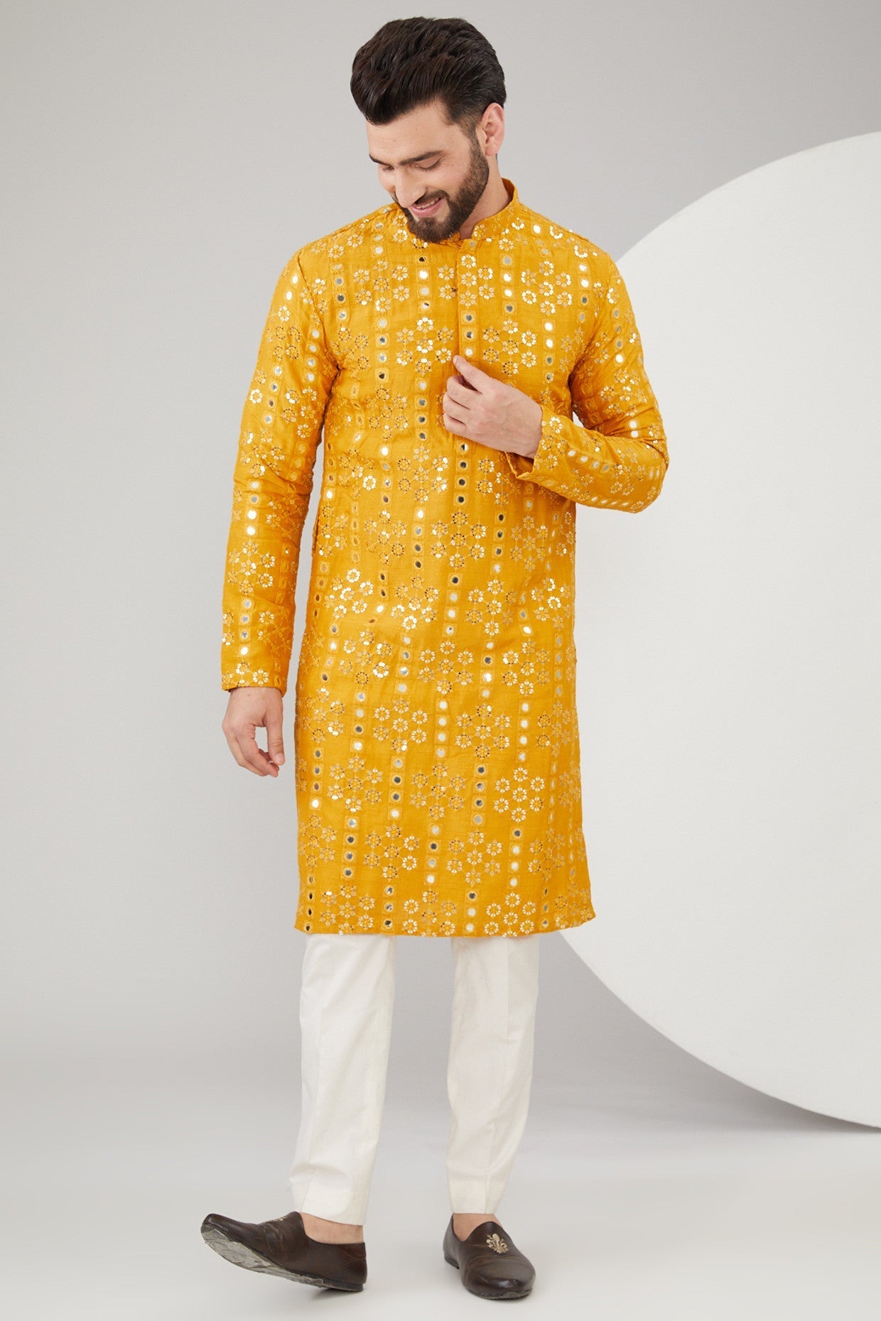 Mustard Silk Mirror Work Kurta for Women | Elegant Embroidered Indian Tunic Top | Perfect for Festivals, Weddings & Special Occasions