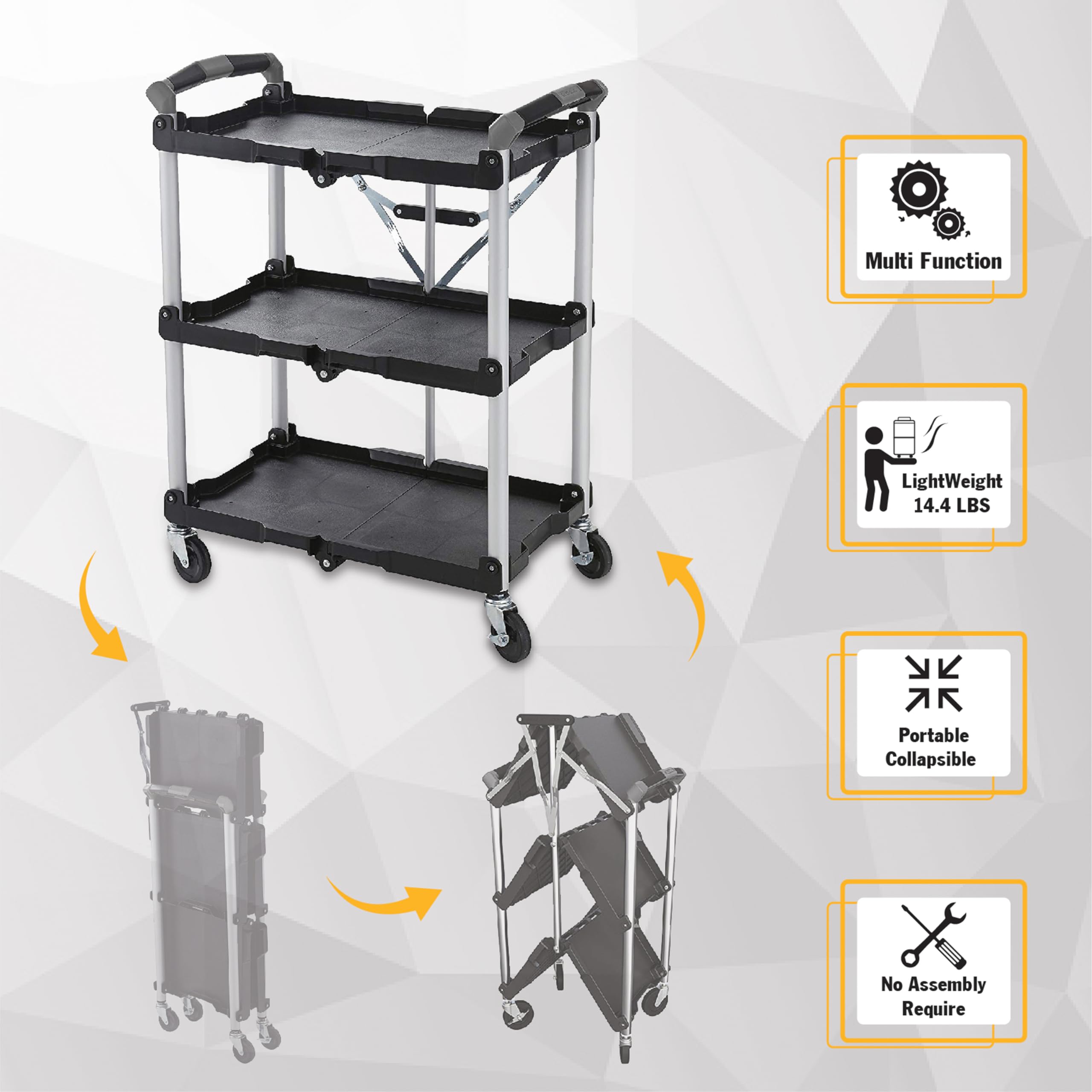 Olympia Tools 85-188 Pack-N-Roll Folding Collapsible Service Cart - Heavy Duty 150LB Capacity Utility Cart with Wheels - Perfect for Warehouse, Workshop, Garage & Home Organization - Black