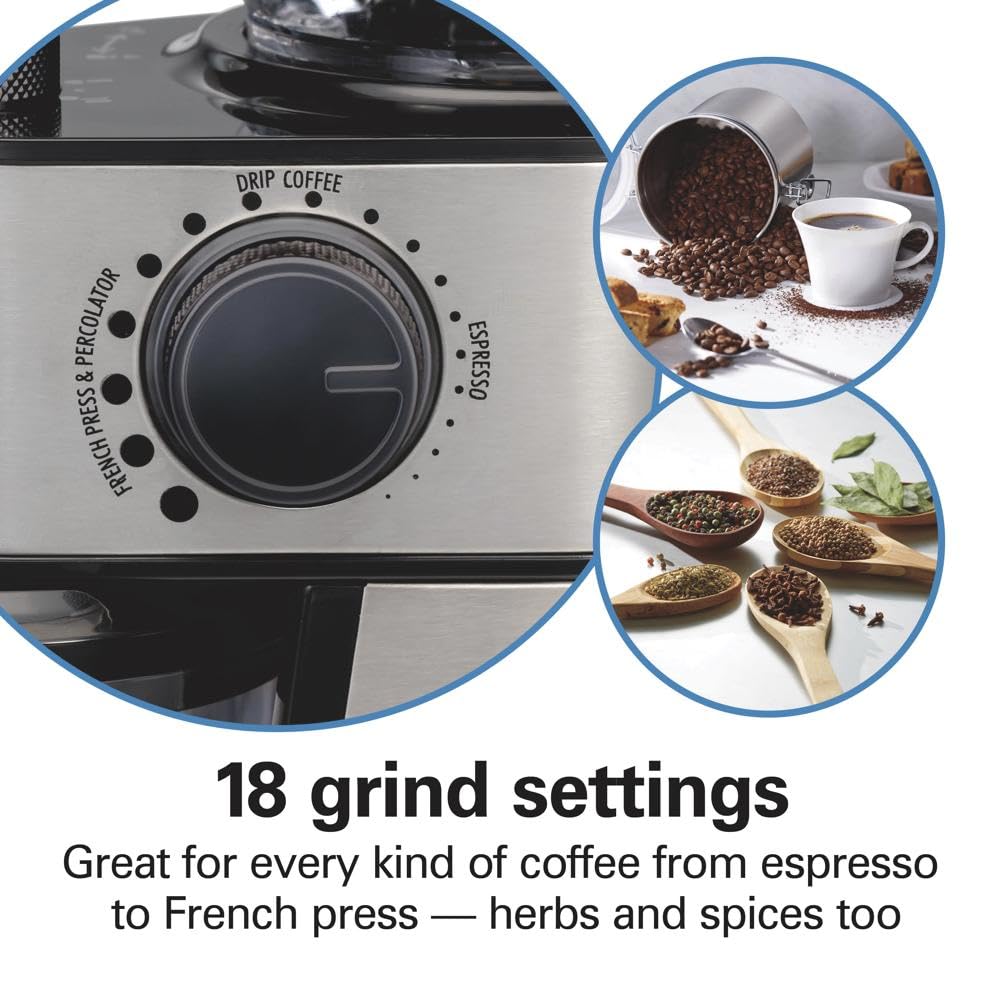 Hamilton Beach 12-Cup Stainless Steel Black Burr Coffee Grinder (Model 80385) - Perfect for Freshly Ground Coffee at Home, Office, or Cafe Use