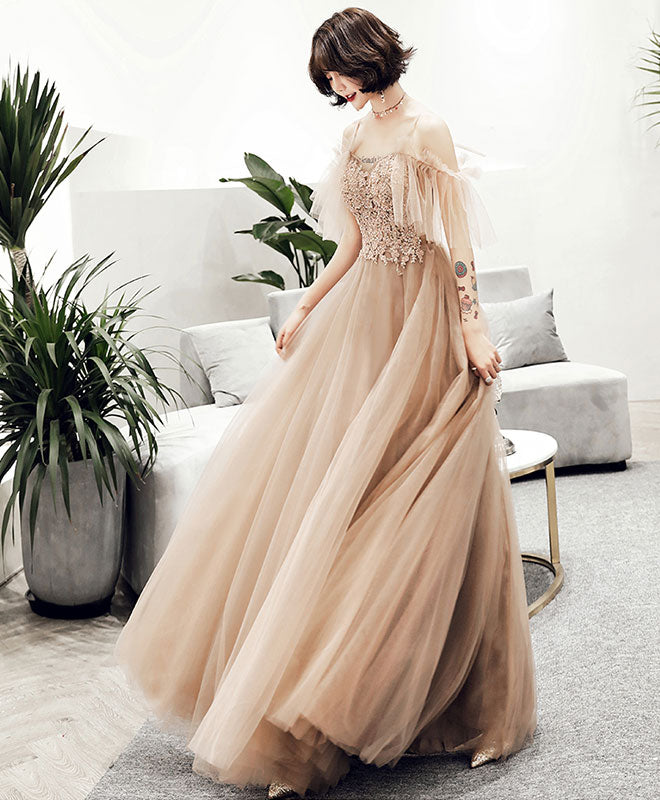 Elegant Champagne Tulle Lace Long Prom Dress | Formal Evening Gown for Homecoming, Wedding, and Special Occasions