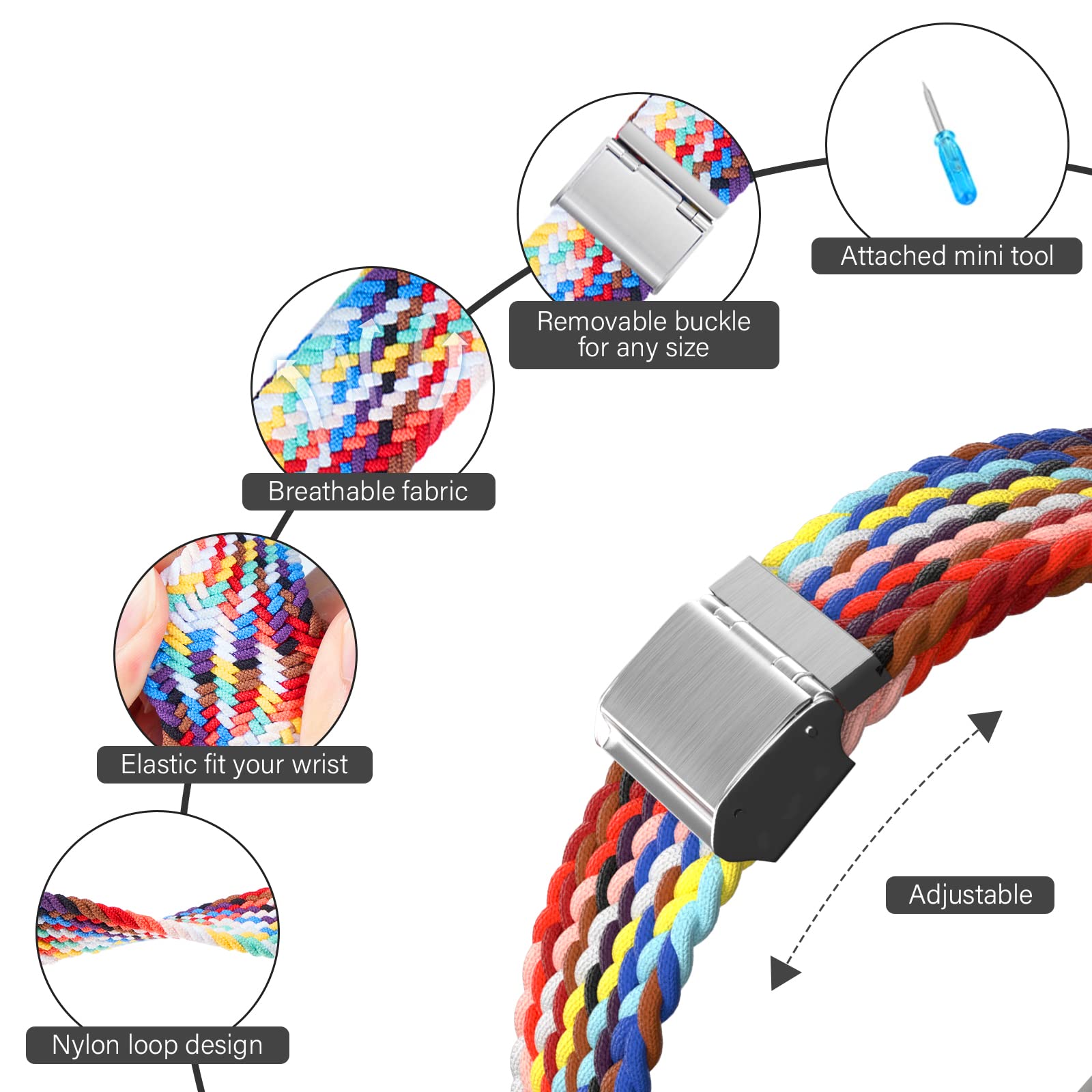 Braided Nylon Apple Watch Bands for Series 9/8/7/6/5/4/3/2/SE/Ultra/Ultra 2 - Adjustable, Breathable Replacement Strap for 38mm/40mm/41mm/42mm/44mm/45mm/49mm - Perfect for Workouts, Running & Everyday Wear