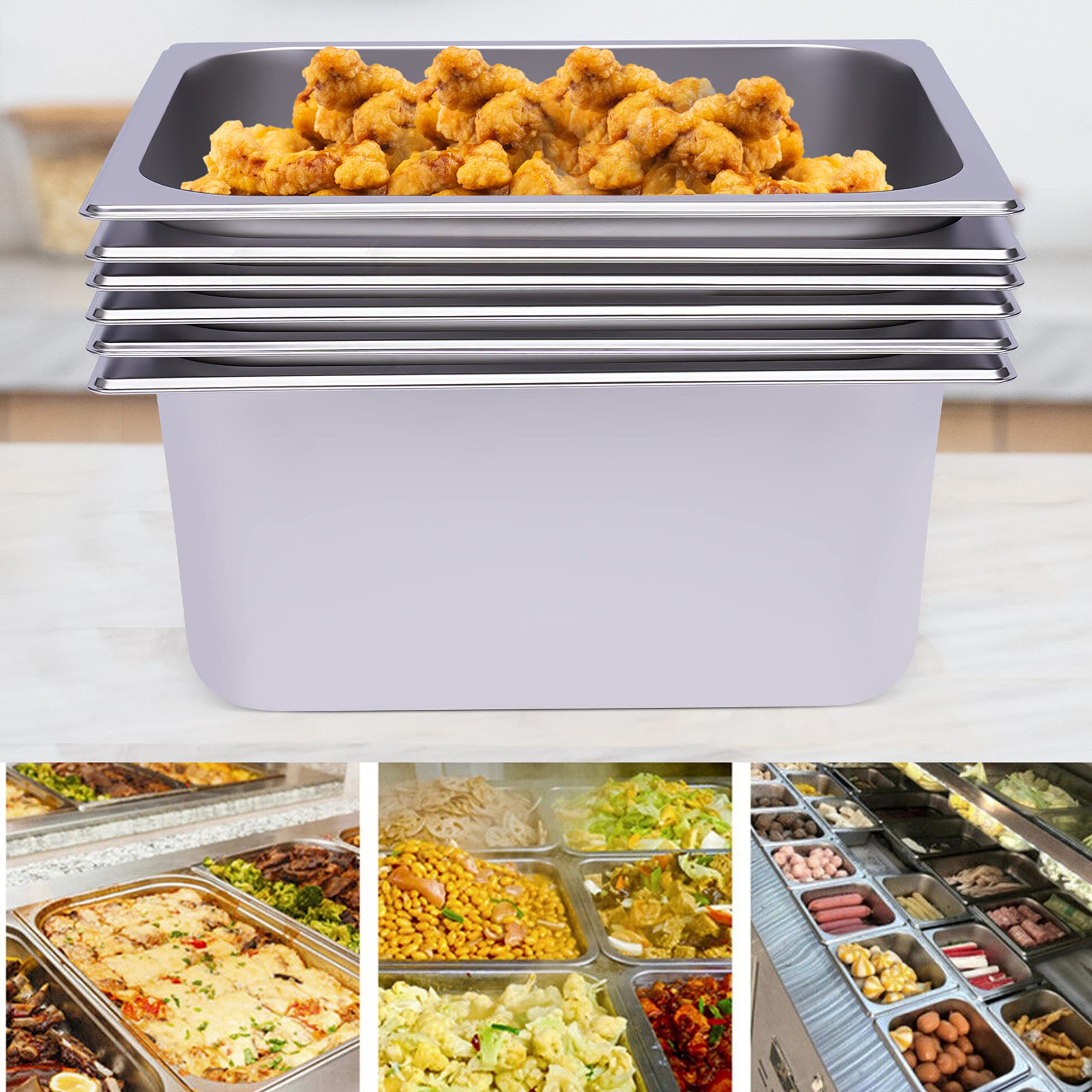 6 Pack Stainless Steel Half Size Hotel Pans - 6