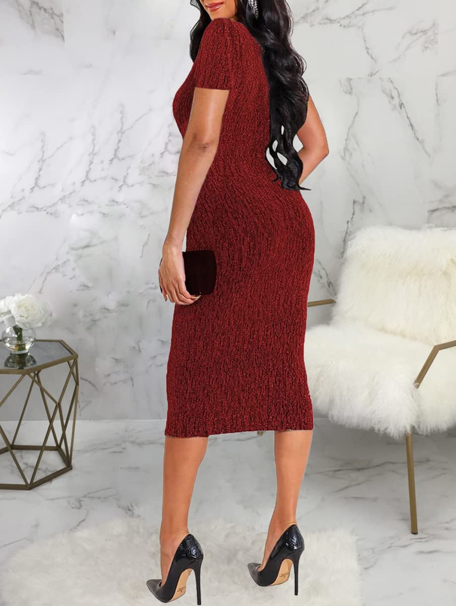 Sexy Sparkly Long Sleeve Bodycon Dress for Women - Deep V Neck Elegant Club Midi Dress for Party, Night Out & Special Occasions