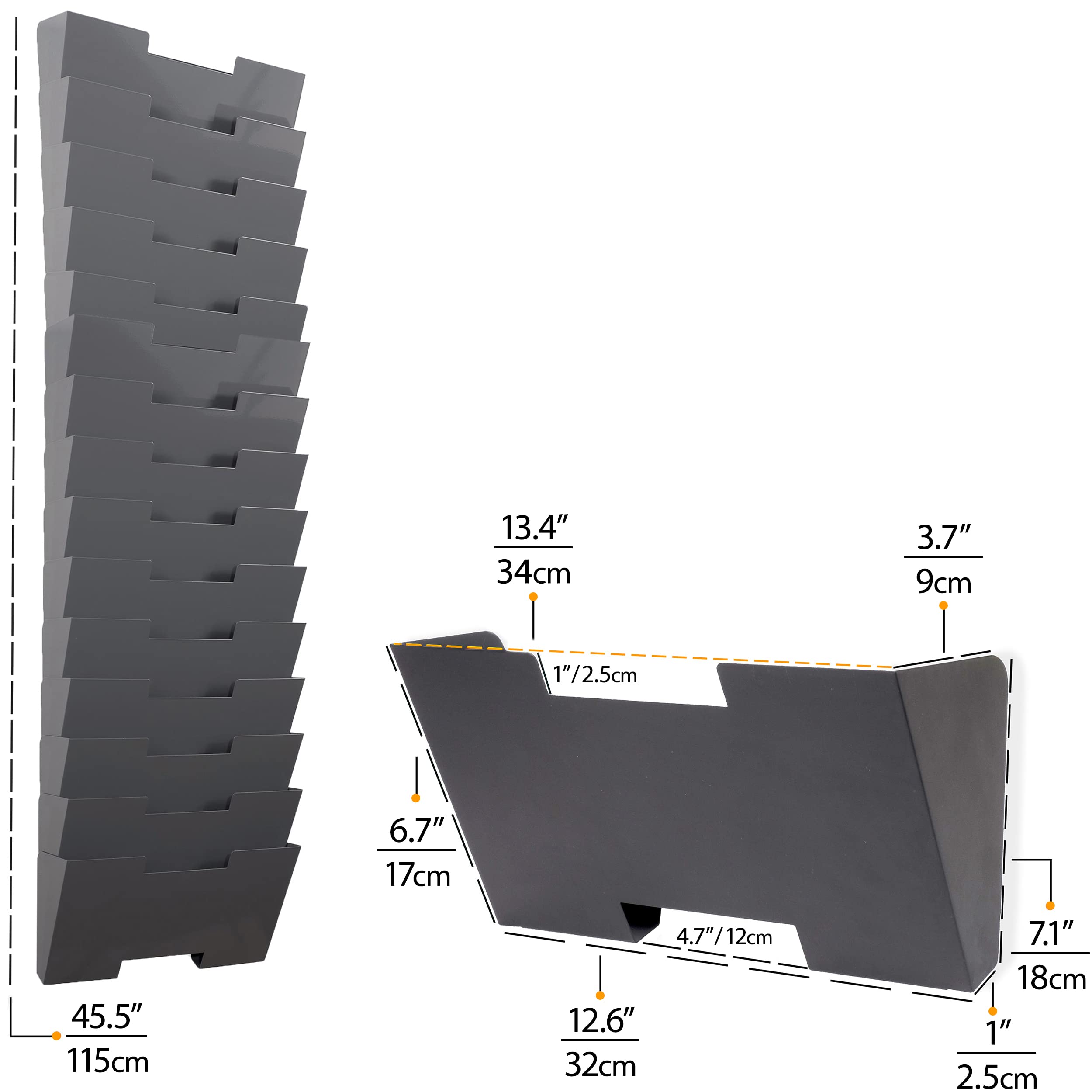 Wallniture Lisbon 15-Tier Wall Mounted File Holder - Metal Gray Office Organizer & Storage Rack for Documents, Folders, Mail - Perfect for Home Office, Workspace & Classroom Organization