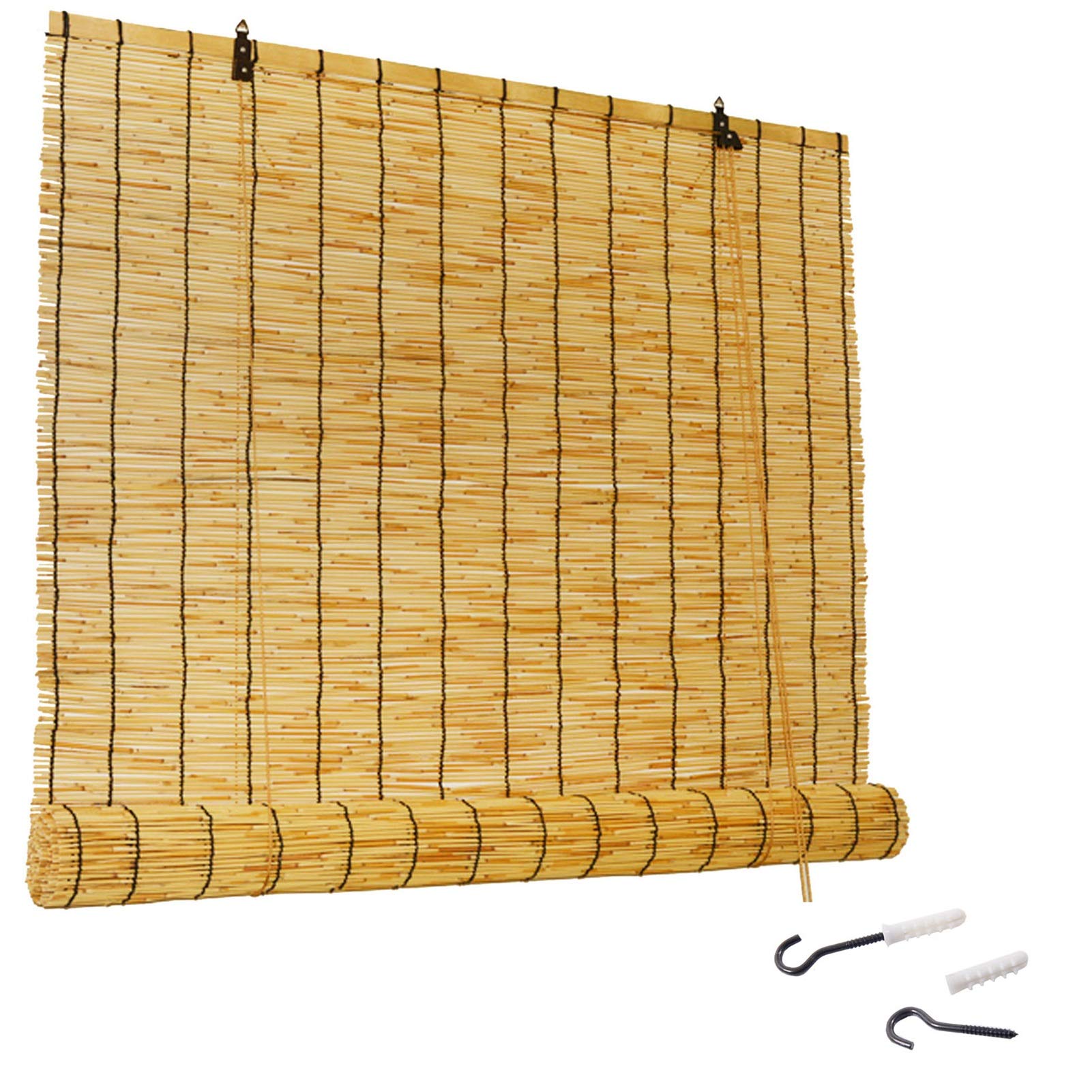 Sun-Filtering Reedy Roll Up Blind - Breathable Hanging Door Curtain with Lifter, Natural Color Waterproof Roll Up Shade for Patio (No Drill Installation) - Perfect for Outdoor Porch, Deck & Garden Privacy