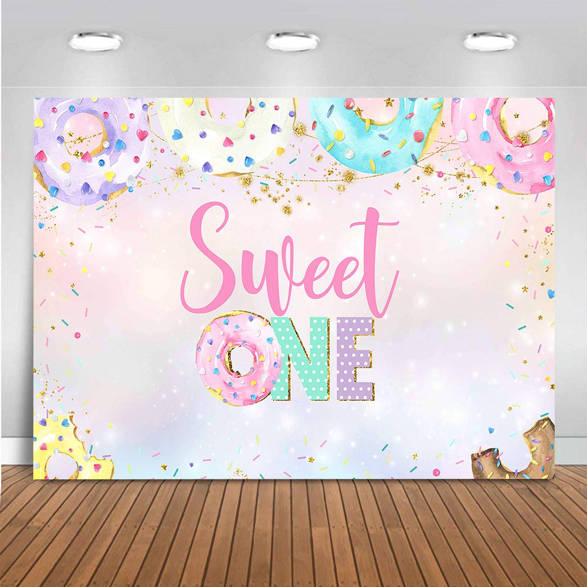 Sweet Donut Photography Backdrop - Glitter Vinyl 7x5ft for 1st Birthday Party, Baby Shower, Princess Theme Decor - Perfect for Cake Table, Photo Booth & Kids Party Backgrounds