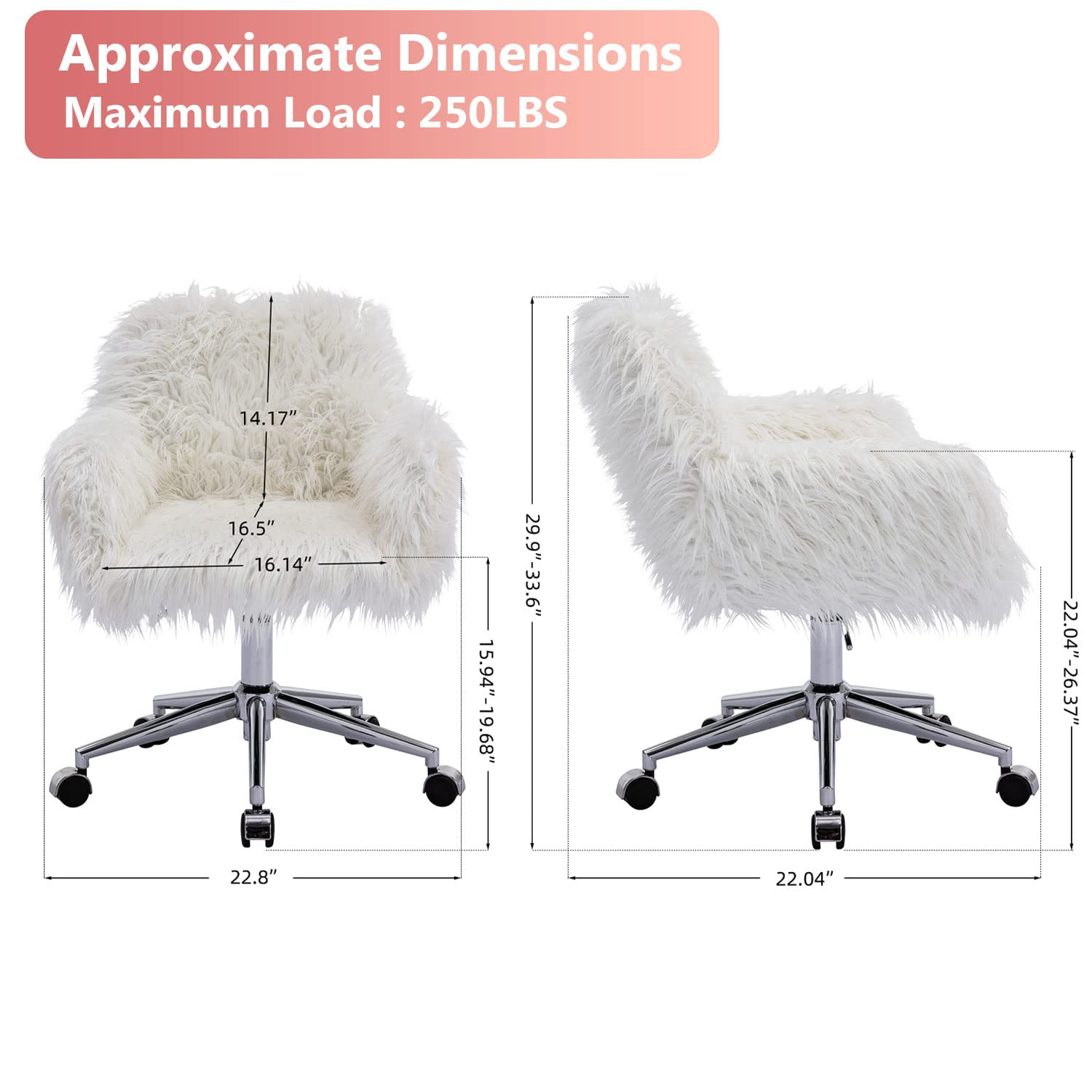 Luxury Faux Fur Vanity Chair with Rolling Wheels & Armrest - Modern Accent Chair for Women, Girls, Home Office, Living Room & Bedroom - Soft Furry Makeup Desk Chair in White (Perfect for Dressing Tables, Home Offices & Cozy Reading Nooks)