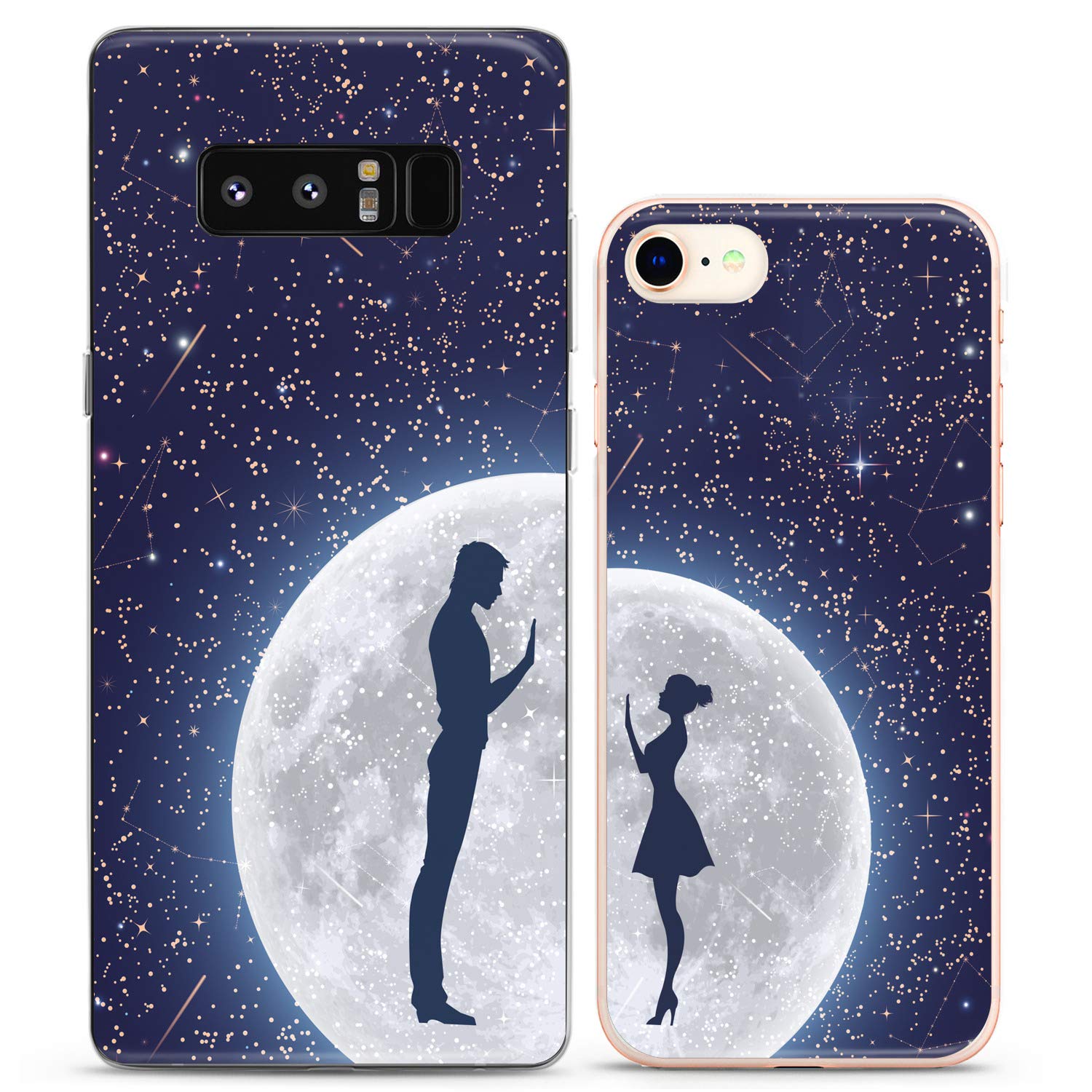 Matching Couple Phone Cases for iPhone 16/15/14/13/12/11 Pro Max/Mini/XS/X/8 Plus/7+/XR/SE - Romantic Moon & Stars Silicone Cover | Cute Relationship Gift for Girlfriend | Perfect for Date Nights & Anniversary Presents