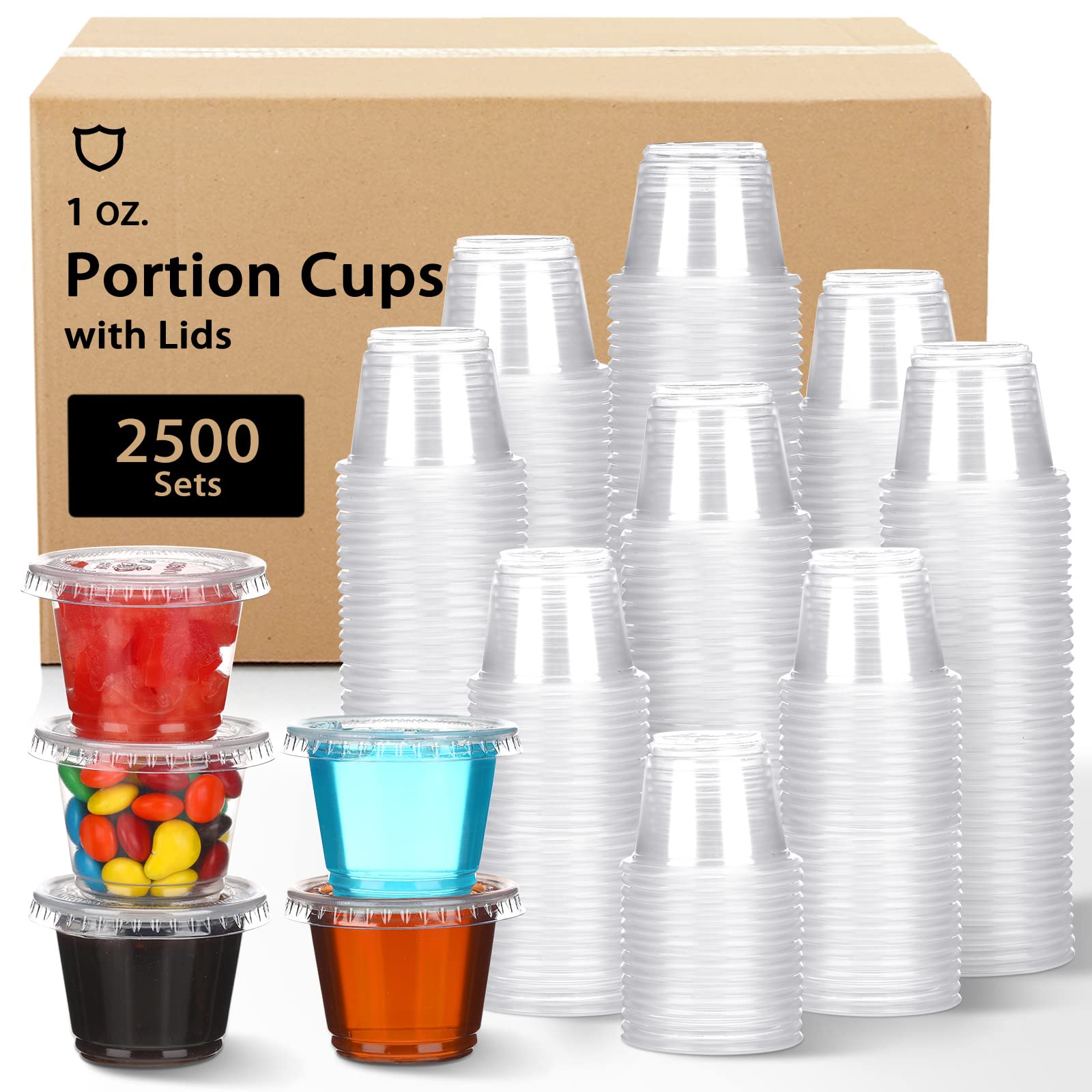 Bokon 2500-Pack 1 oz Clear Plastic Portion Cups with Lids - Airtight Condiment, Dipping Sauce & Salad Dressing Containers - Stackable Souffle Cups for Lunch Prep, Party Catering, Travel & Picnics