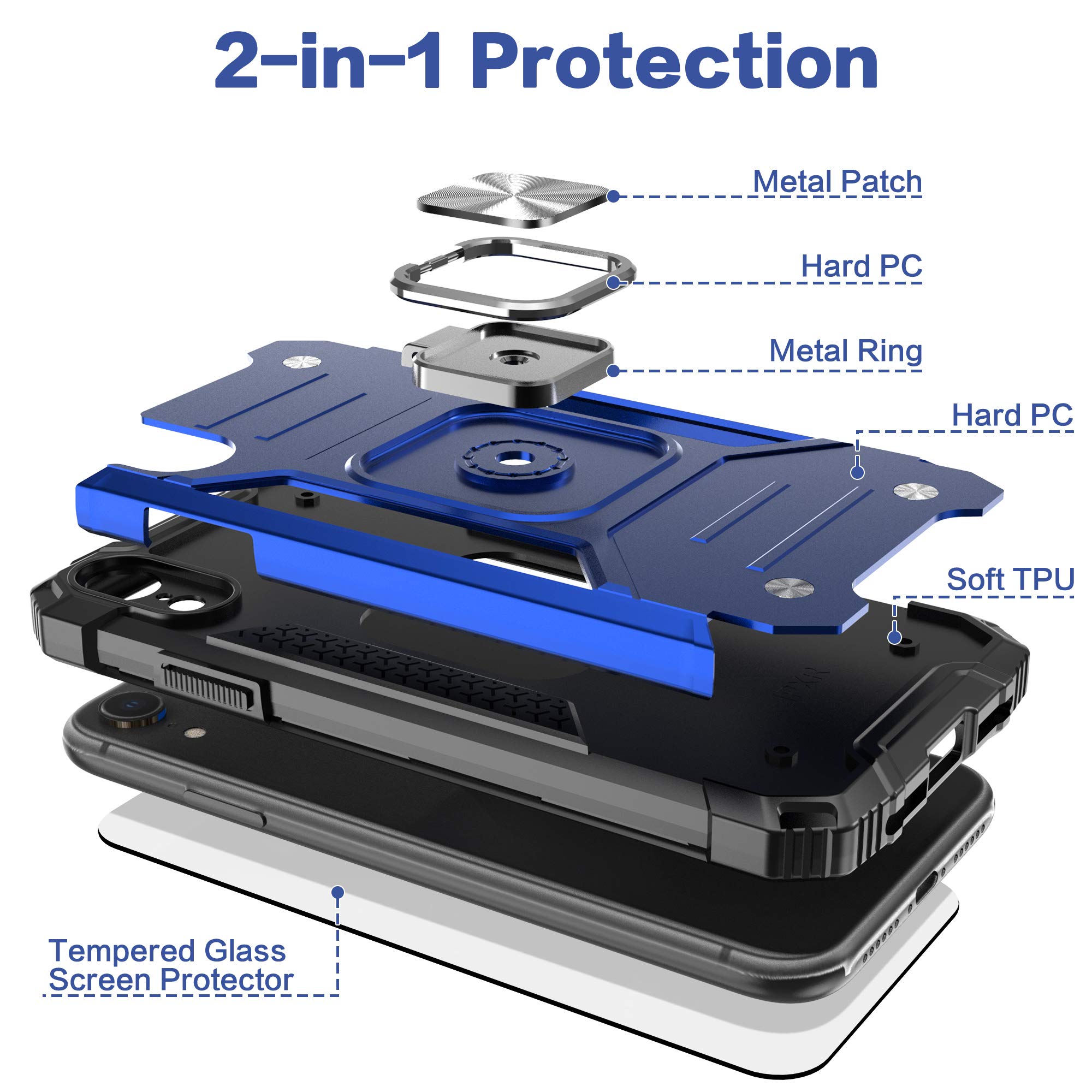 **Shockproof Heavy Duty iPhone XR Case with Built-in Screen Protector & Car Mount Kickstand - Lightweight Protective Cover for iPhone XR (Blue) - Perfect for Outdoor Activities, Travel & Daily Use**