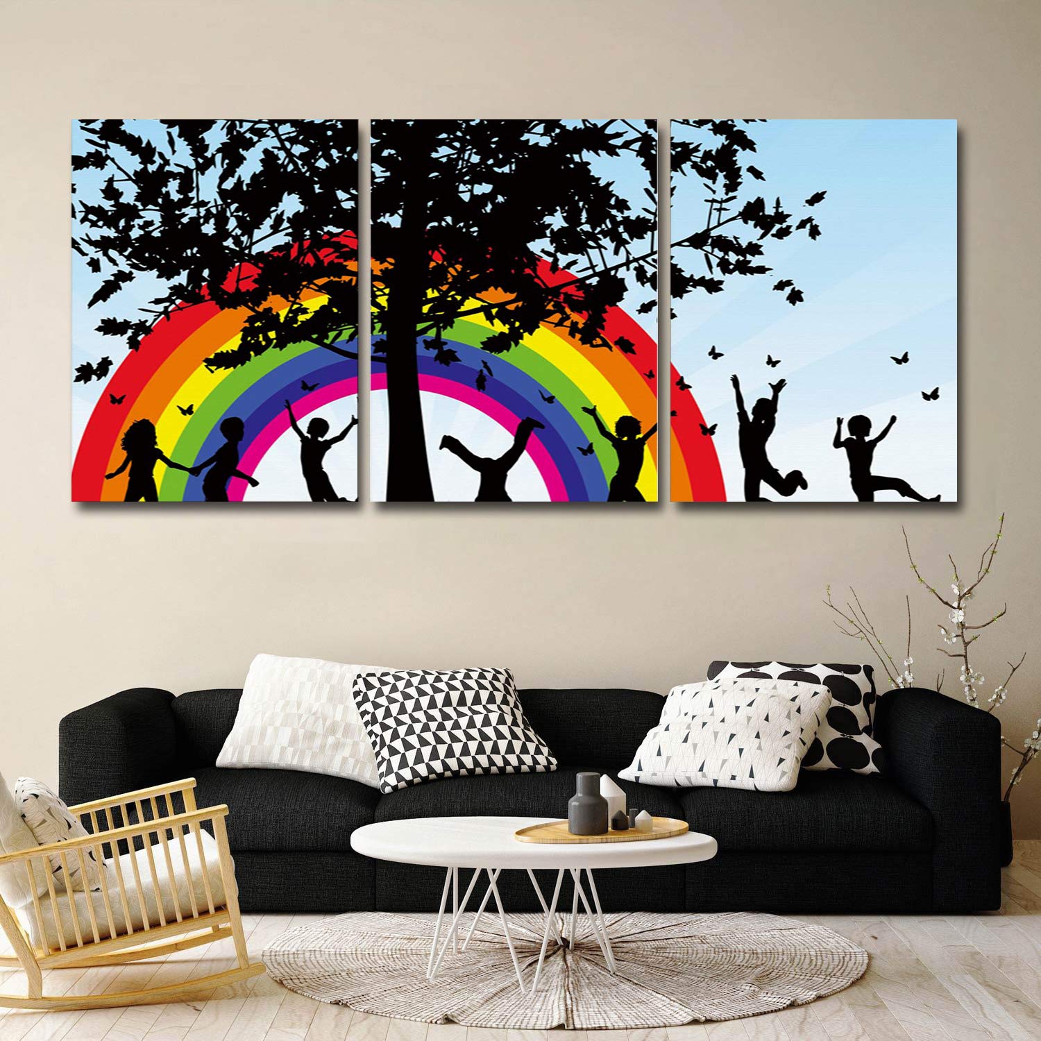 Children Playing Under Tree Rainbow Canvas Wall Art - Set of 3 Framed Giclee Prints 16x24 Inch - Nursery, Bedroom, Living Room Decor for Kids & Family Spaces