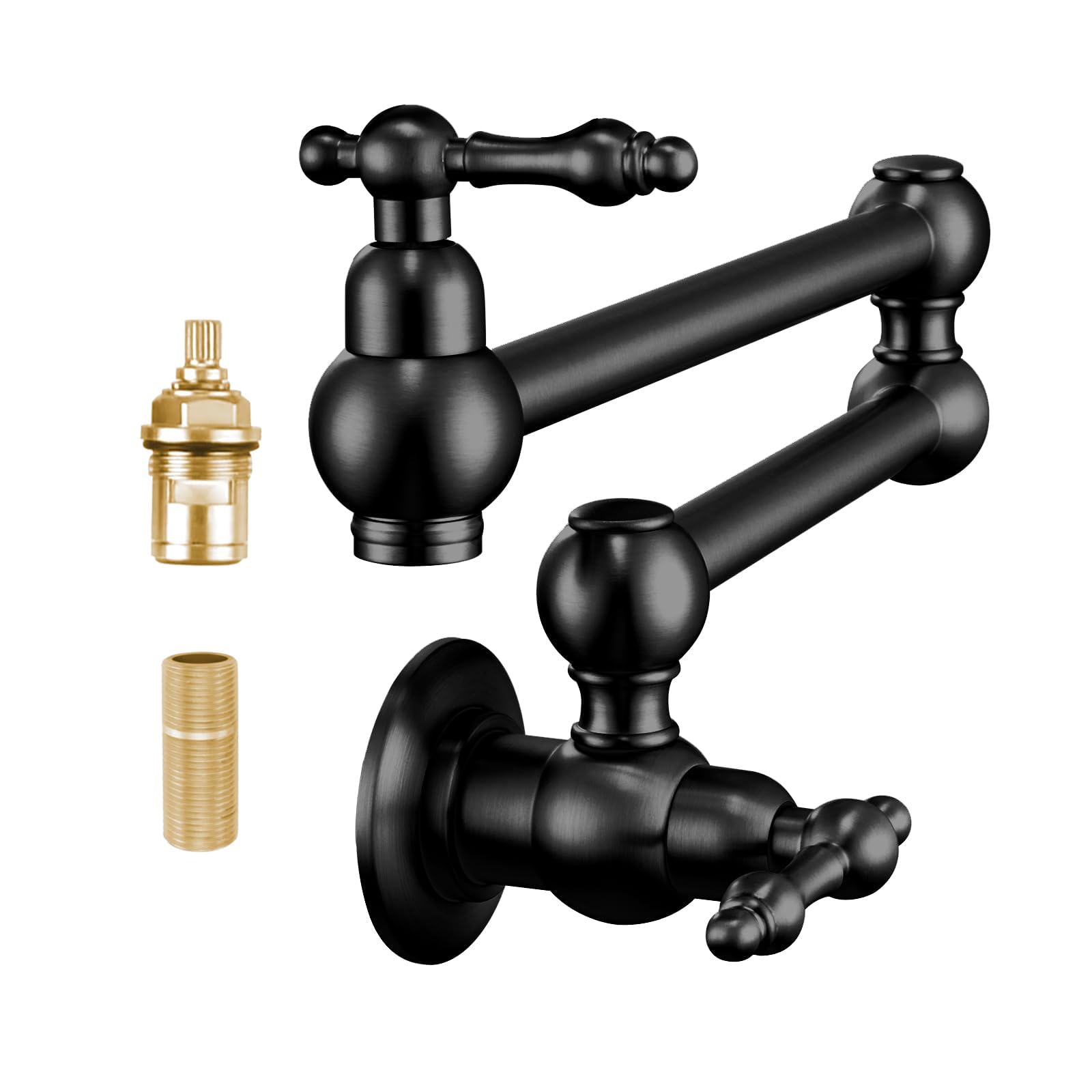 Vintage Matte Black Dual Valve Wall Mount Pot Filler Faucet with Two Handles & Adjustable Swing Arms - Perfect for Kitchen, Restaurant, and Commercial Cooking Areas