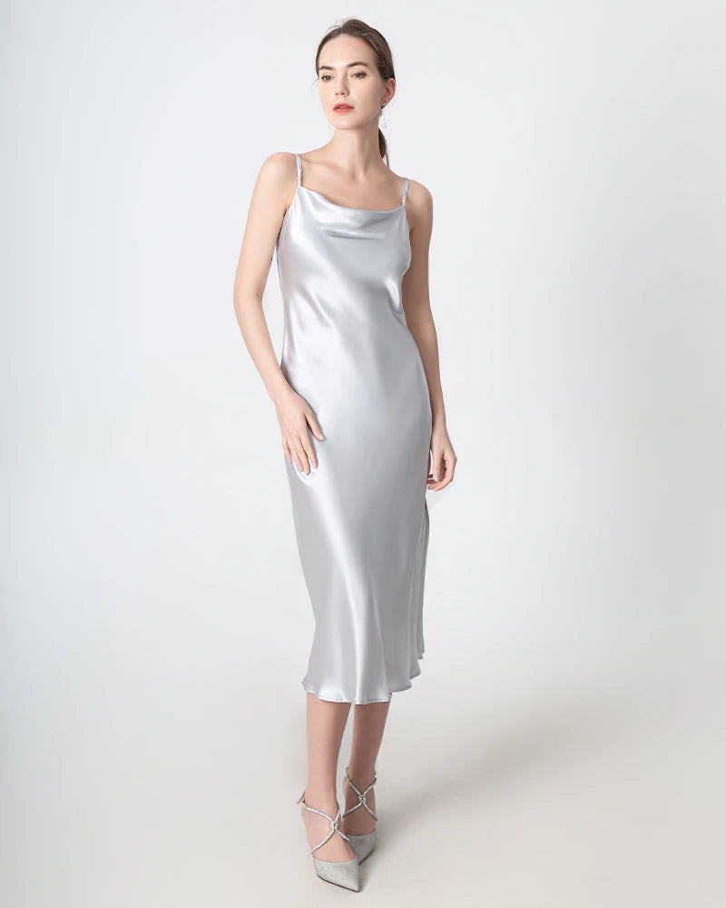 Elegant Slit Cowl Neck Midi Silk Dress for Women - Luxury Party & Evening Wear - Perfect for Weddings, Cocktails & Special Occasions