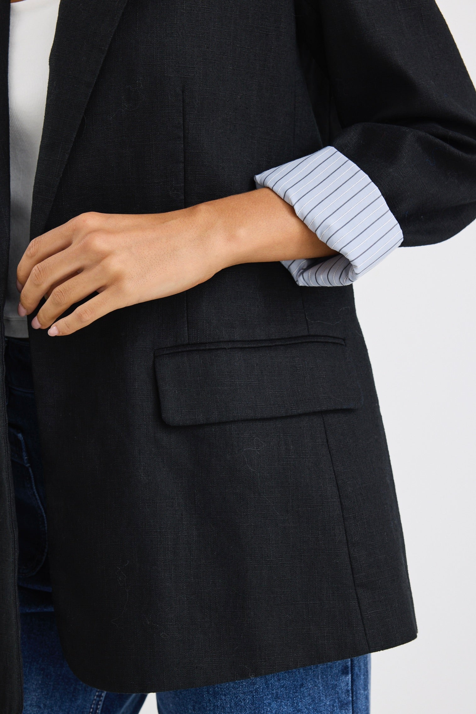 Stylish Black Ramie Rolled Sleeve Blazer for Women - Lightweight Summer Office Jacket - Perfect for Business Casual, Workwear & Formal Occasions