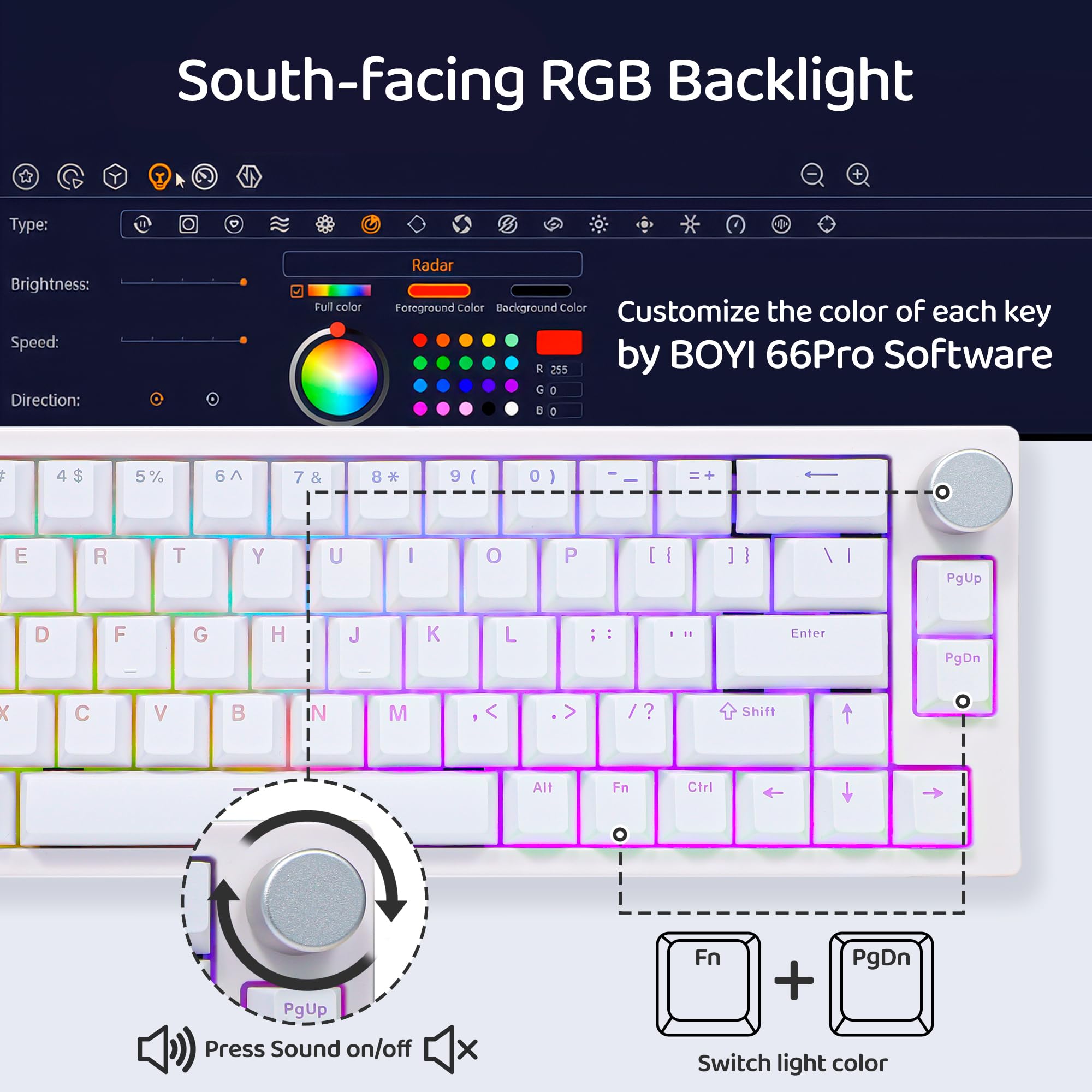 BOYI 66Pro Hall Effect Magnetic Switch 65% Compact Mechanical Gaming Keyboard - Rapid Trigger, RGB Backlit, Hot-Swappable, Adjustable Actuation, Gasket-Mounted, Wired with Volume Knob (White) - Perfect for Competitive Gaming, Typing & Office Work
