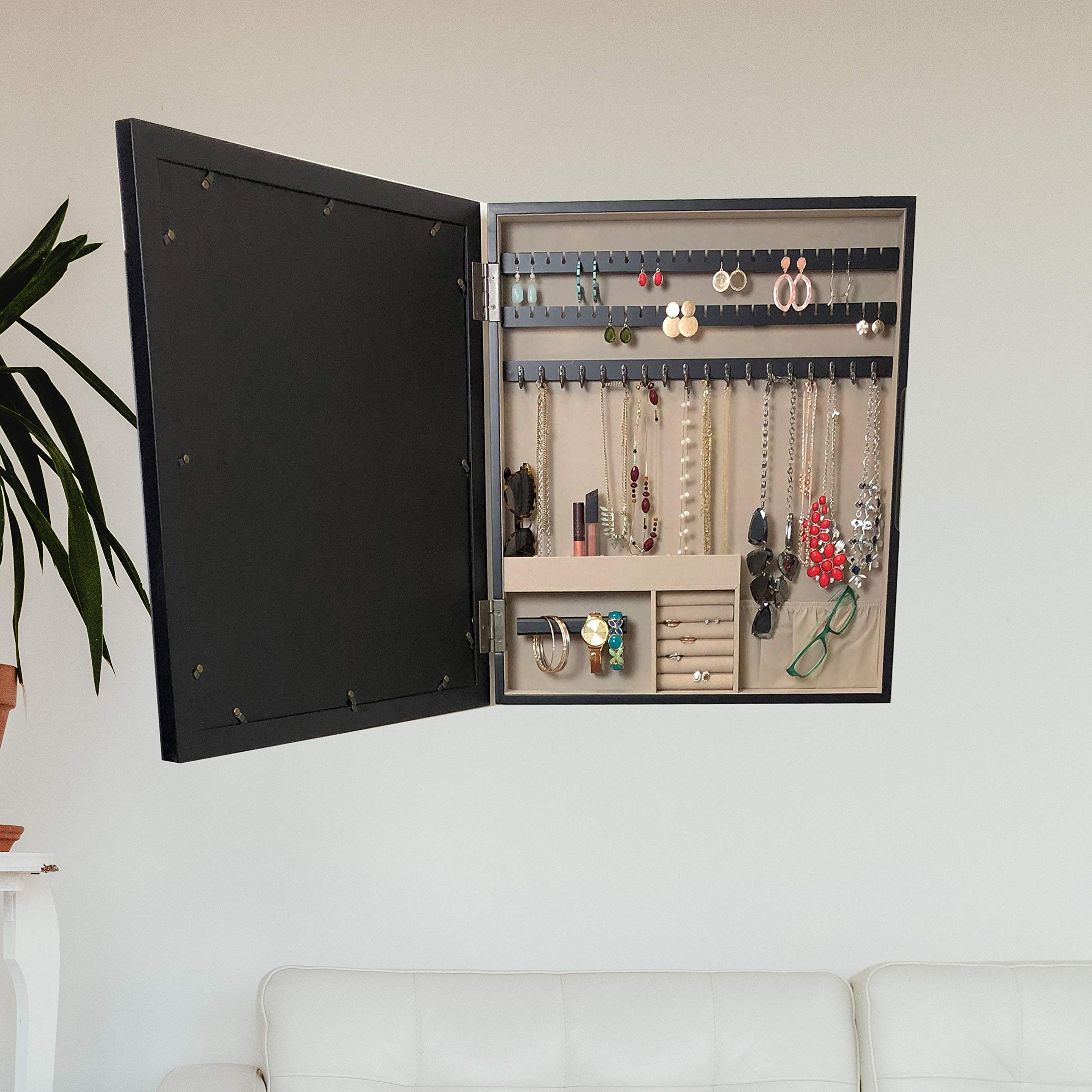 Wall-Mounted Jewelry Cabinet with Picture Frame - Space Saving Storage Organizer for Necklaces, Rings & Earrings - Perfect for Bedroom, Closet or Bathroom Organization (Black)